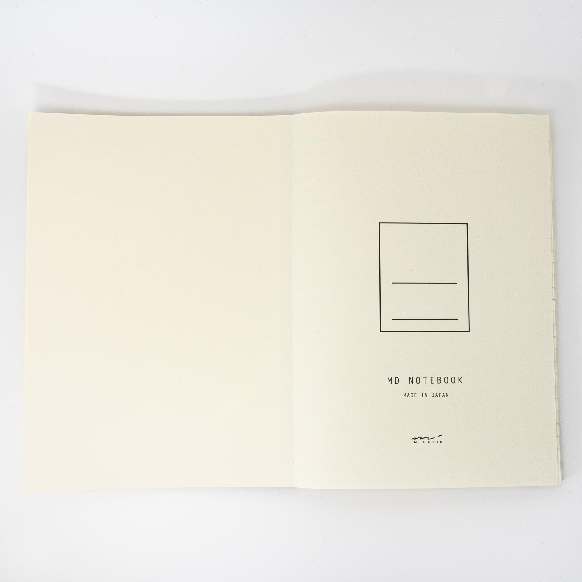 The inner cover of a Japanese stationery MD Notebook, featuring a minimalist title page with space for customization and "Made in Japan" branding.