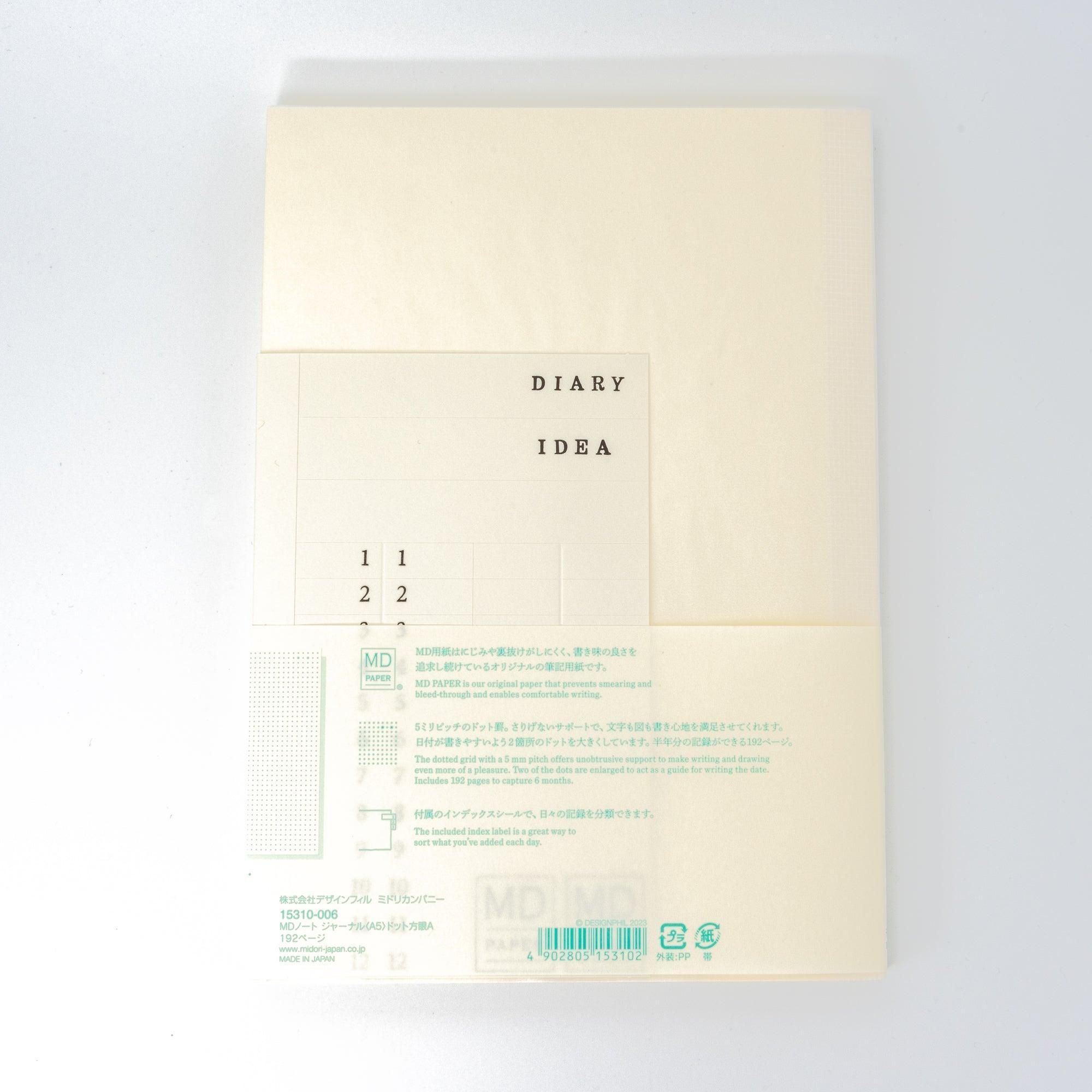 Back cover of an MD notebook journal with product details, part of premium Japanese stationery.