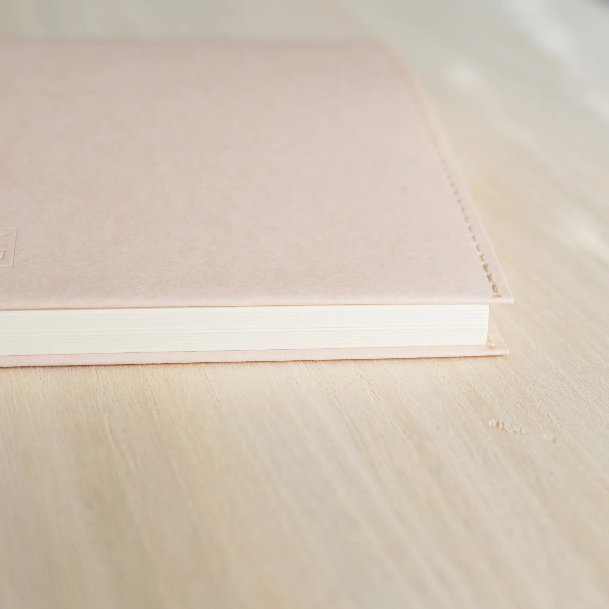Midori MD Notebook Paper Cover corner close-up showing pale pink paper surface, stitched right edge, and ivory page stack