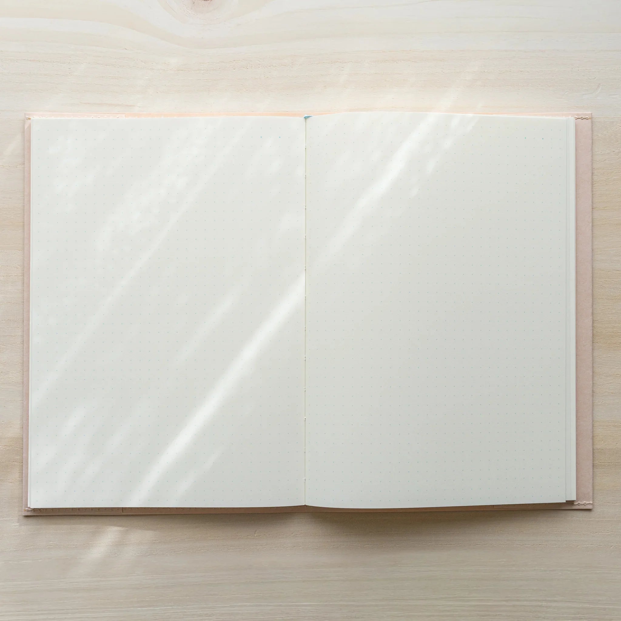 Midori MD Notebook Paper Cover with notebook inside, opened flat from above, blank white pages and pale paper edges visible
