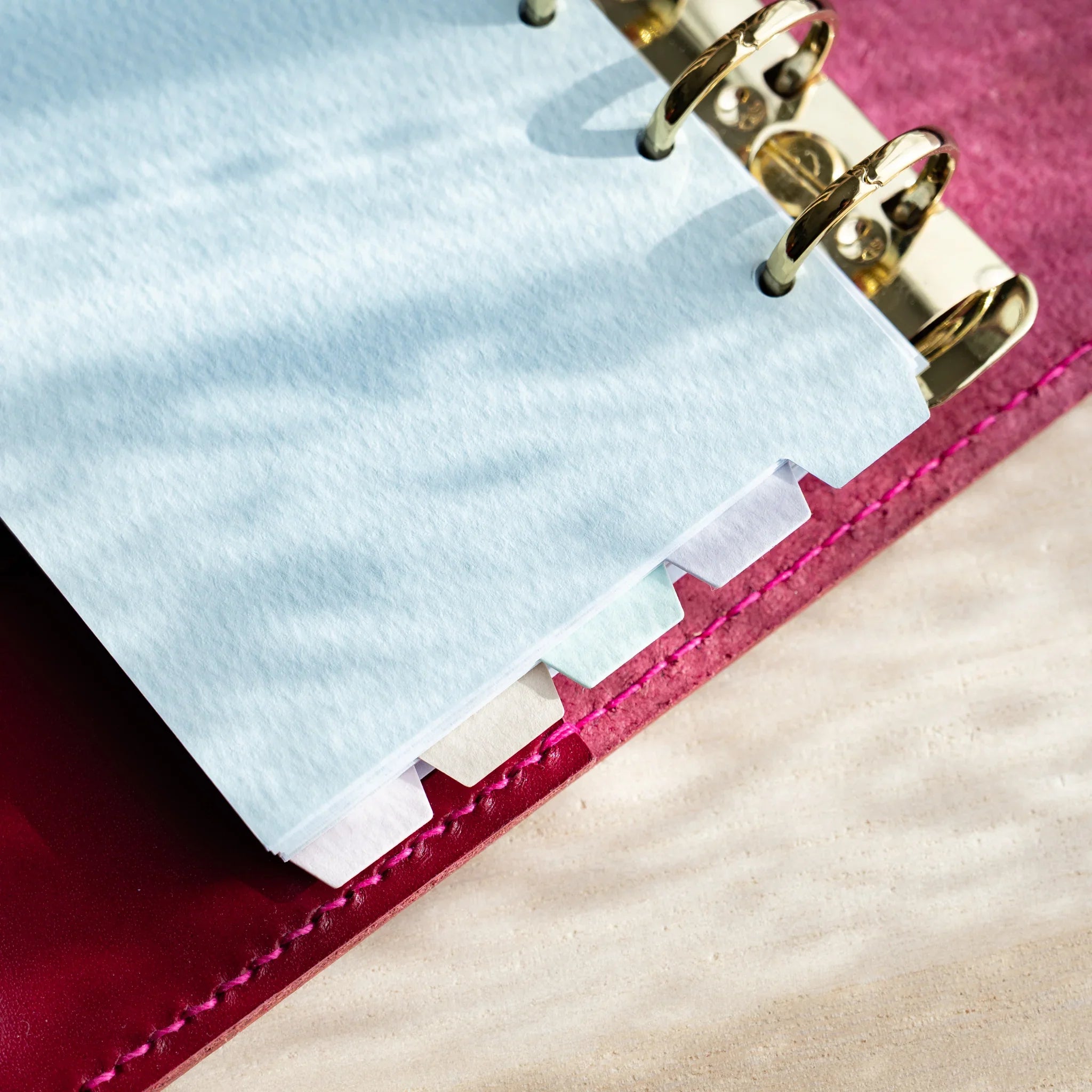 Japanese Stationery pastel blue index divider with five tabs inserted in gold ring mini 6 planner in red leather binder.