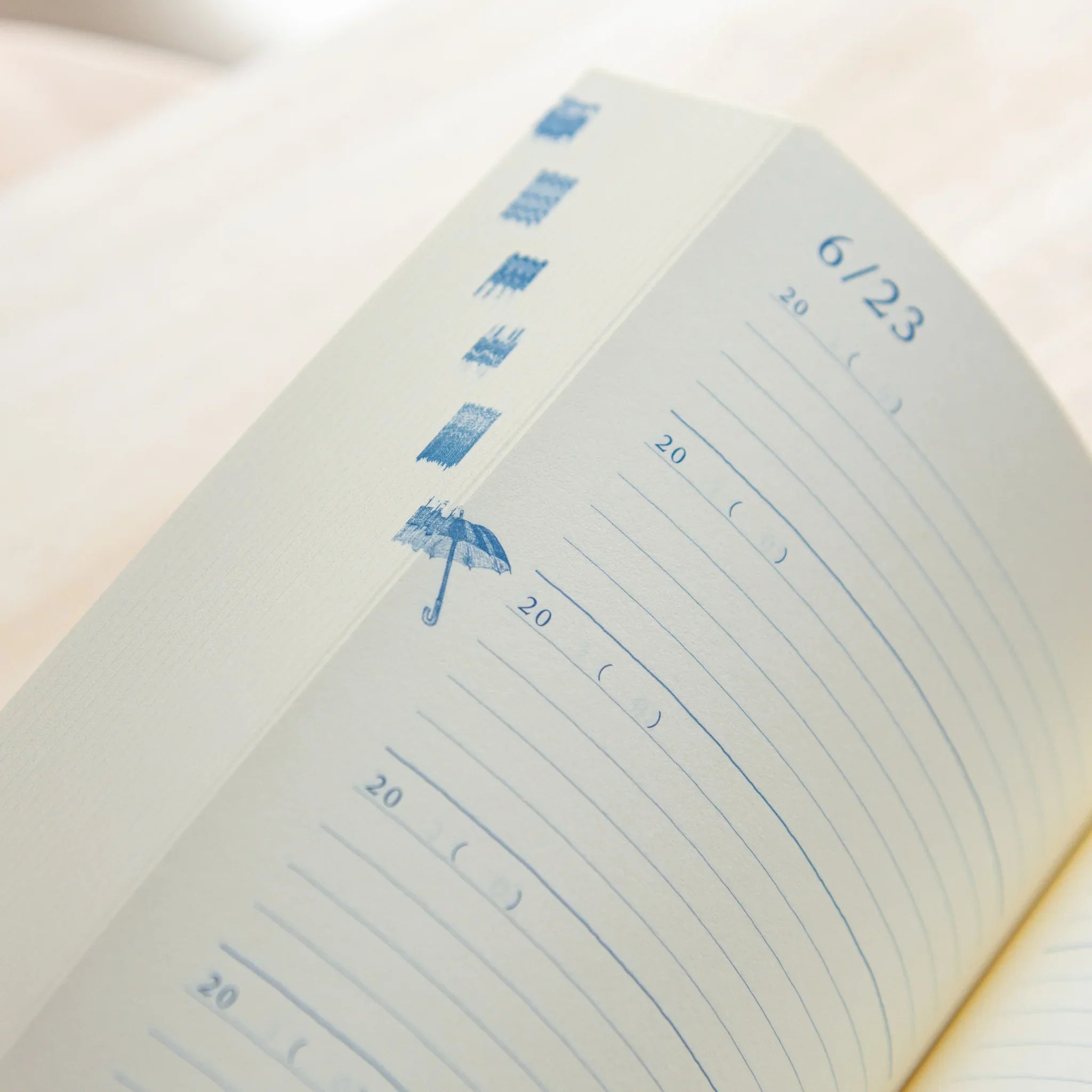 Midori 10-year journal, flat lay displaying open pages with date field visible, Japanese stationery product with quality