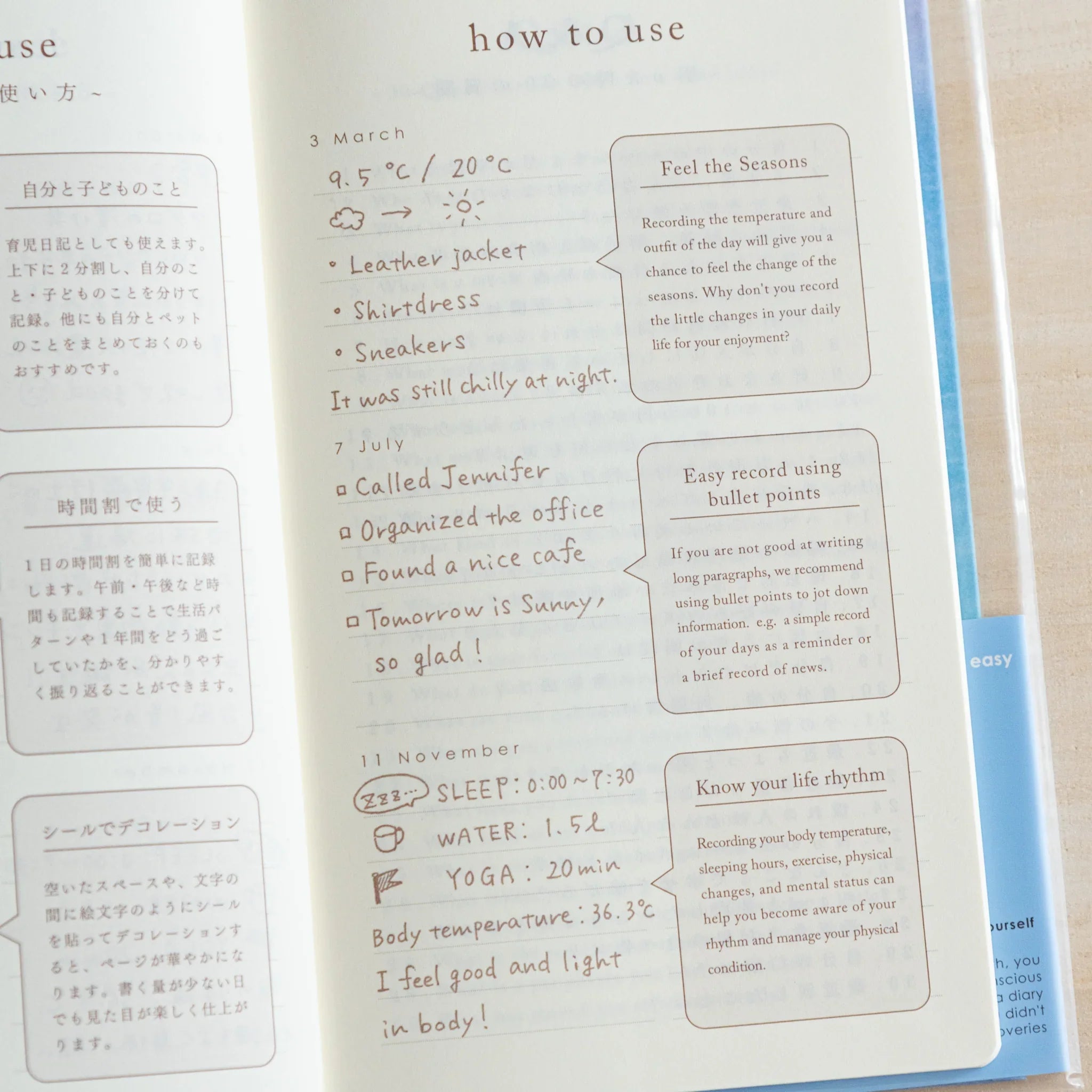 Close-up of Midori Japanese journal page filled with English notes on weather, outfits and daily tasks.