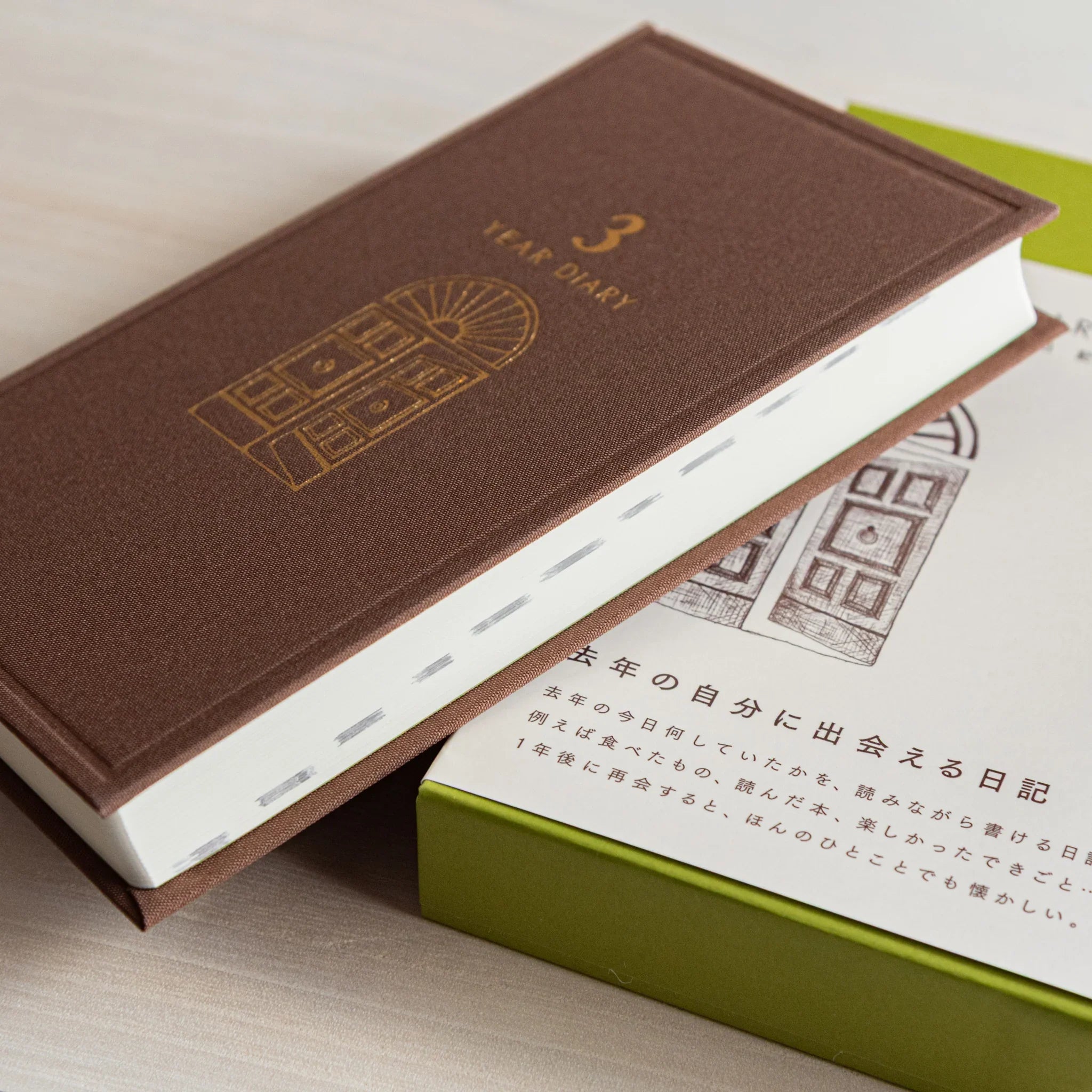 Midori 3-year journal, cover back showing gate design pattern, compact Midori 3-year dated hardcover notebook made in Japan