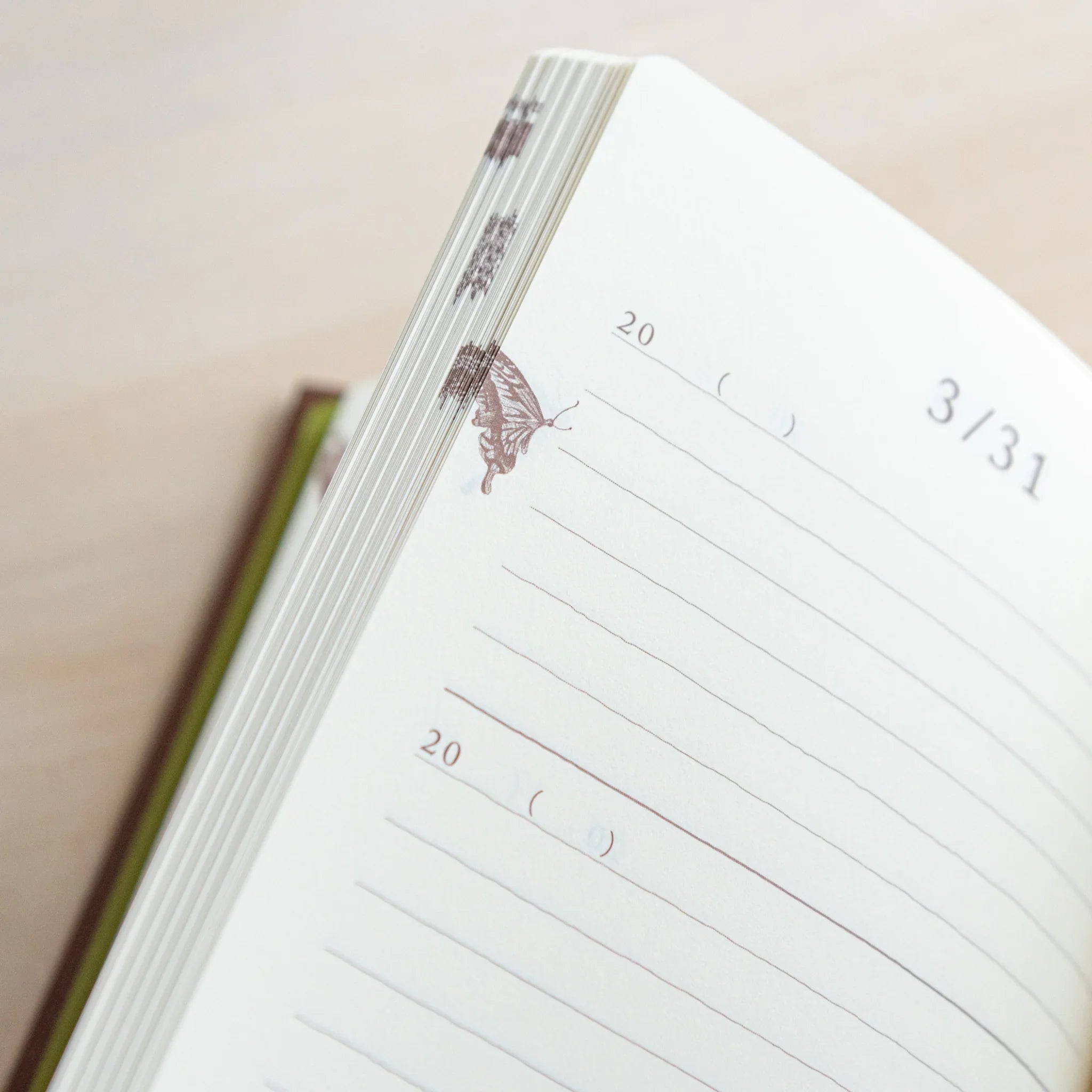 Close-up of Midori Japanese Journal showing March 31 page with butterfly illustration and lined section.