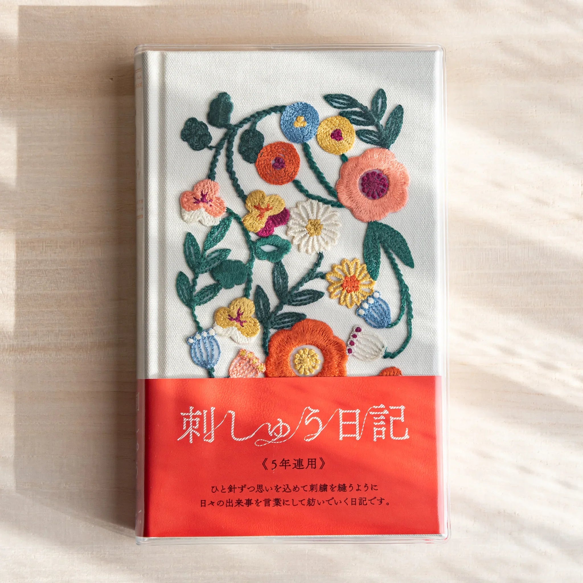 Midori 5-year journal, open spread showing cream interior pages with date headers, Japanese stationery product with quality