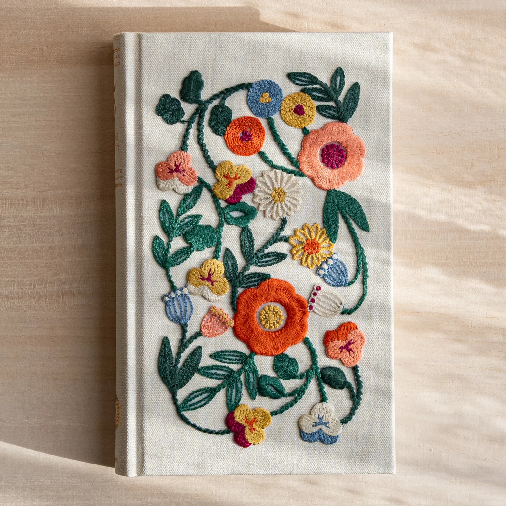 Midori 5-year journal, cover detail of embroidered floral pattern on hardcover, stationery item from Japan with quality