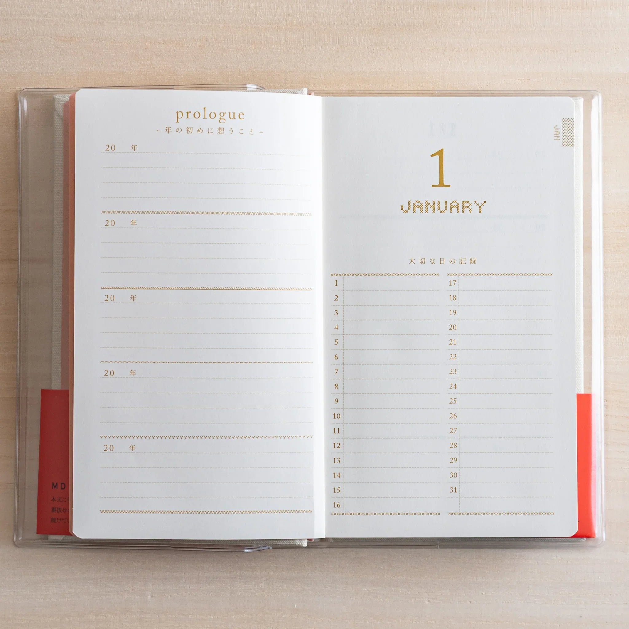 Midori 5-year journal, angled view showing floral design and binding construction, Japanese stationery product with quality