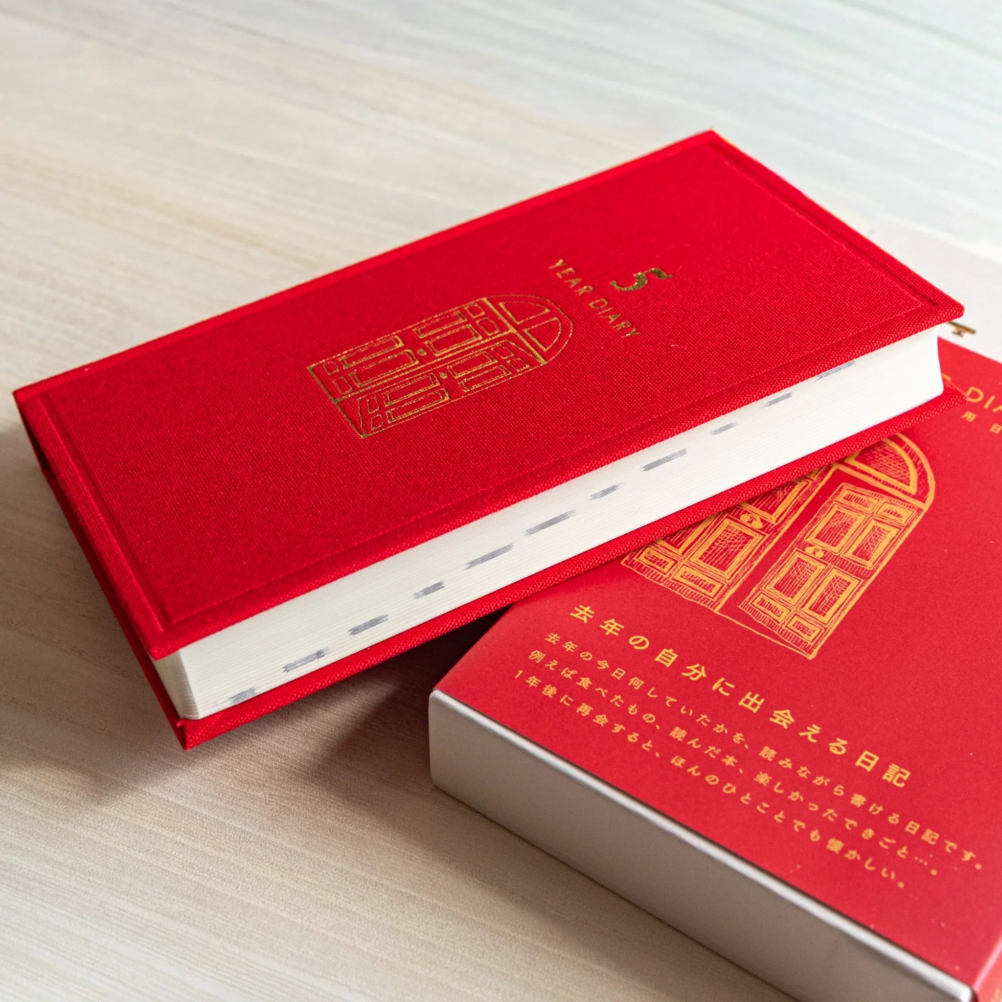 Midori 5-year journal, detail shot of gate pattern embossing on cover, Japanese stationery product with quality design and