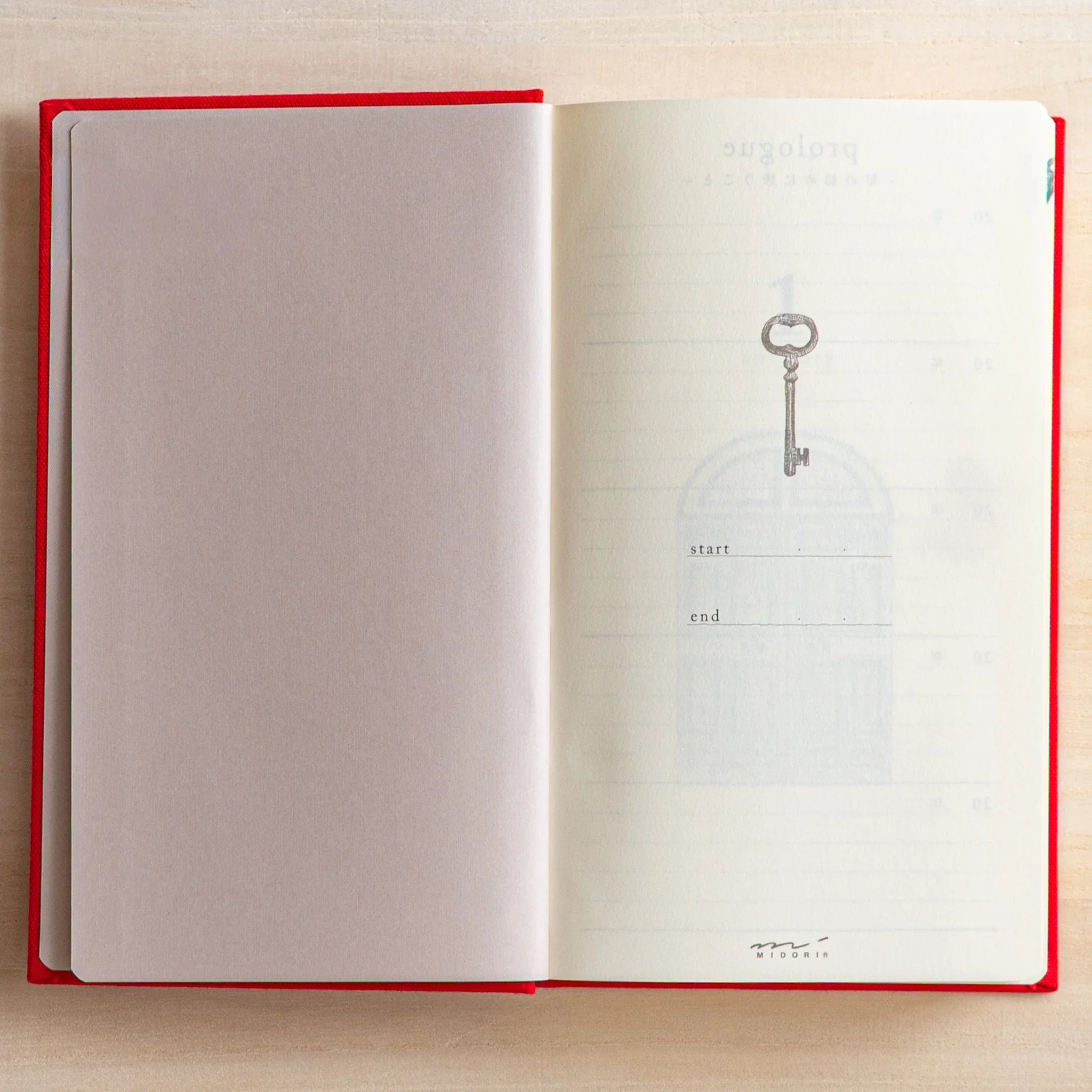 Midori 5 Year Journal Gate Design Japanese Journal open view showing key illustration prologue page for start and end dates.