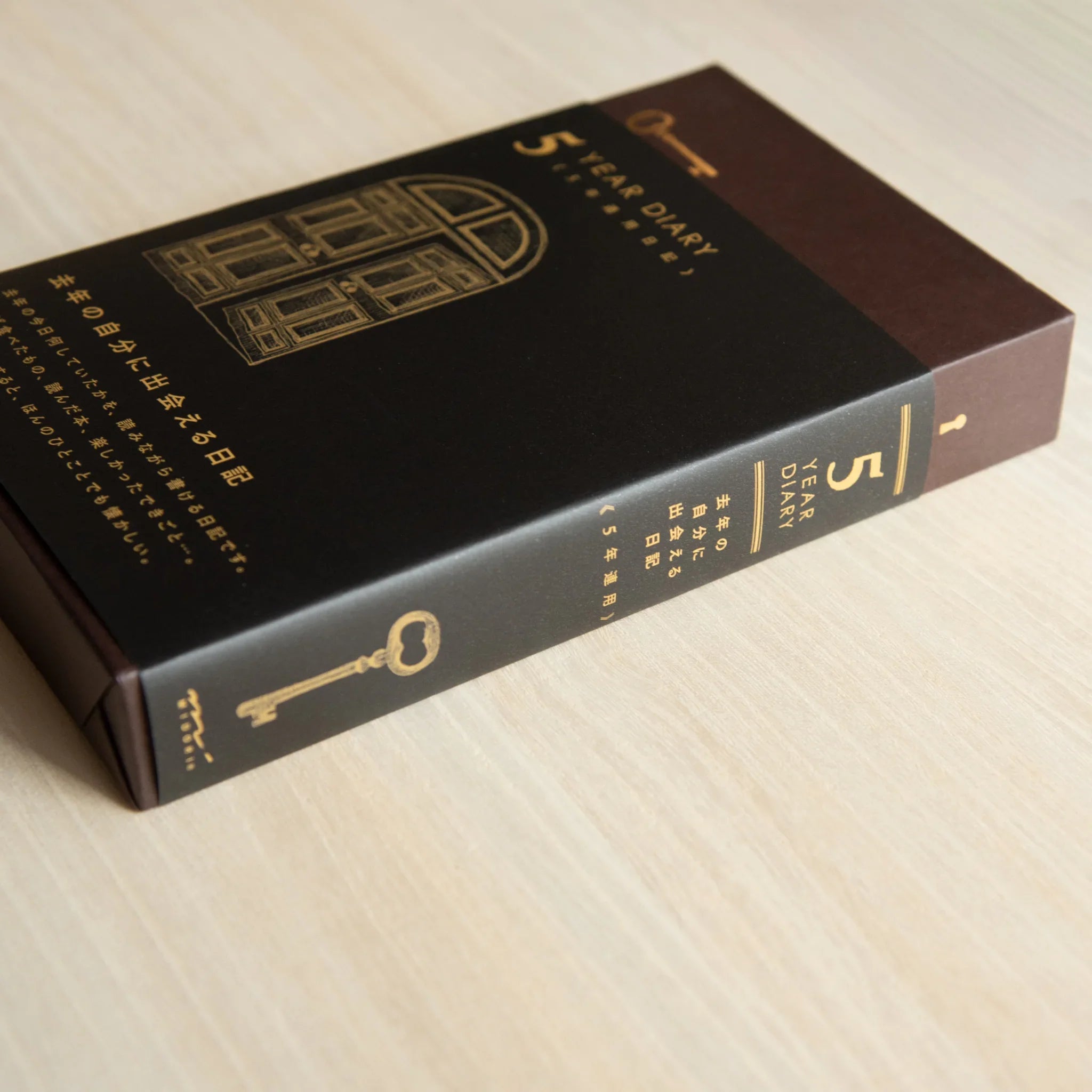 Midori 5-year journal, spread showing transition between yearly date sections, Japanese stationery item with quality