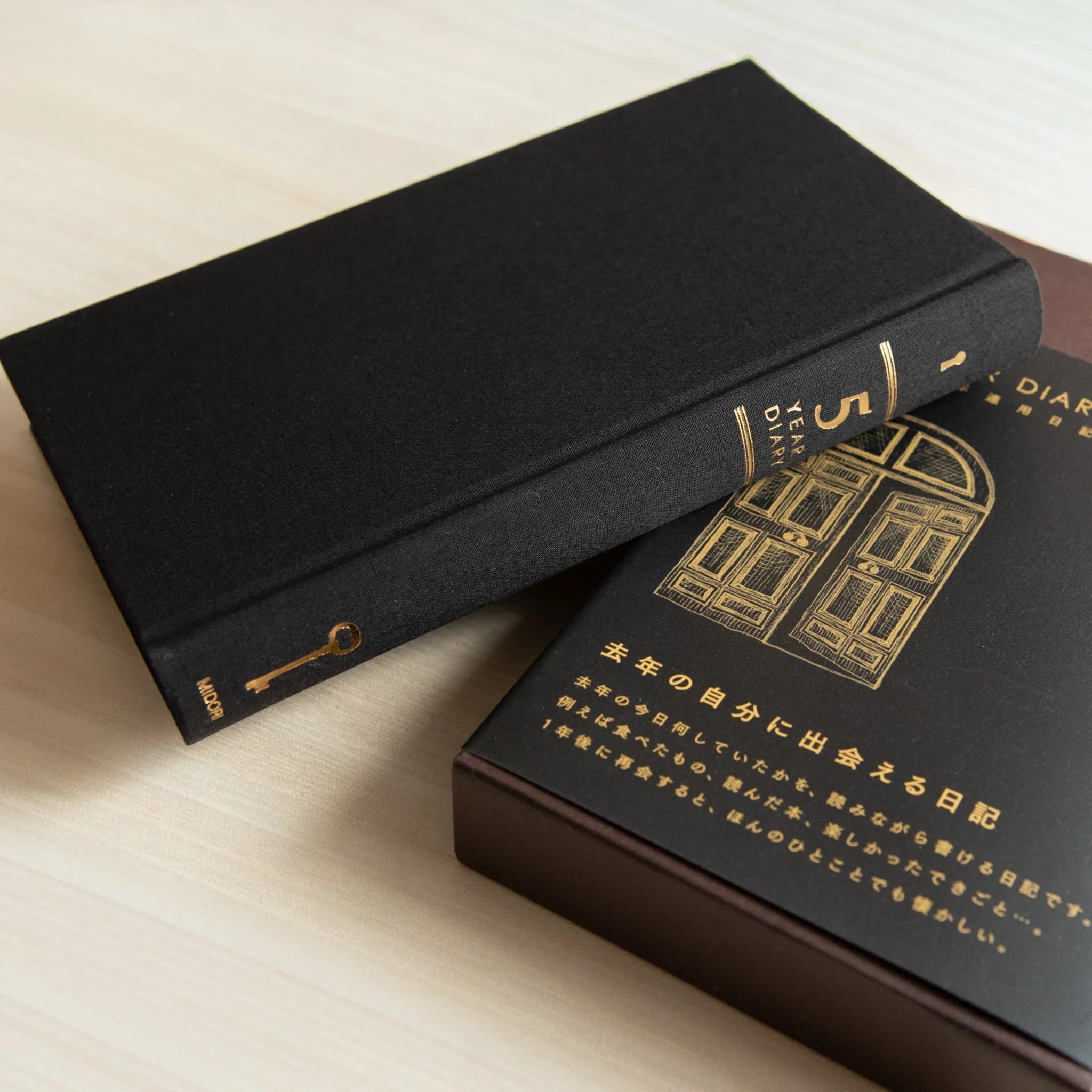 Midori 5-year journal, detail of page header showing embossed date markings, stationery item from Japan with quality