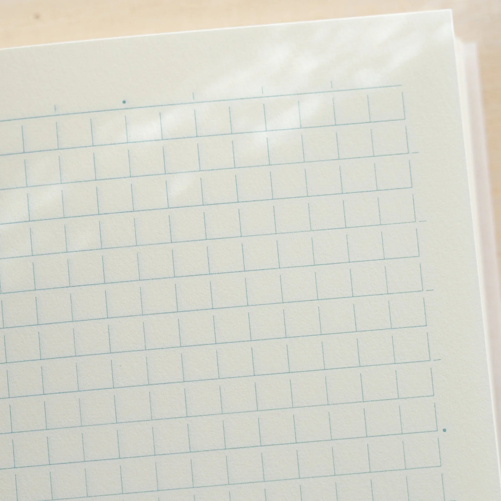 Close-up of Midori MD Notebook A6 grid page, ivory paper with evenly spaced light blue grid lines, page corner visible