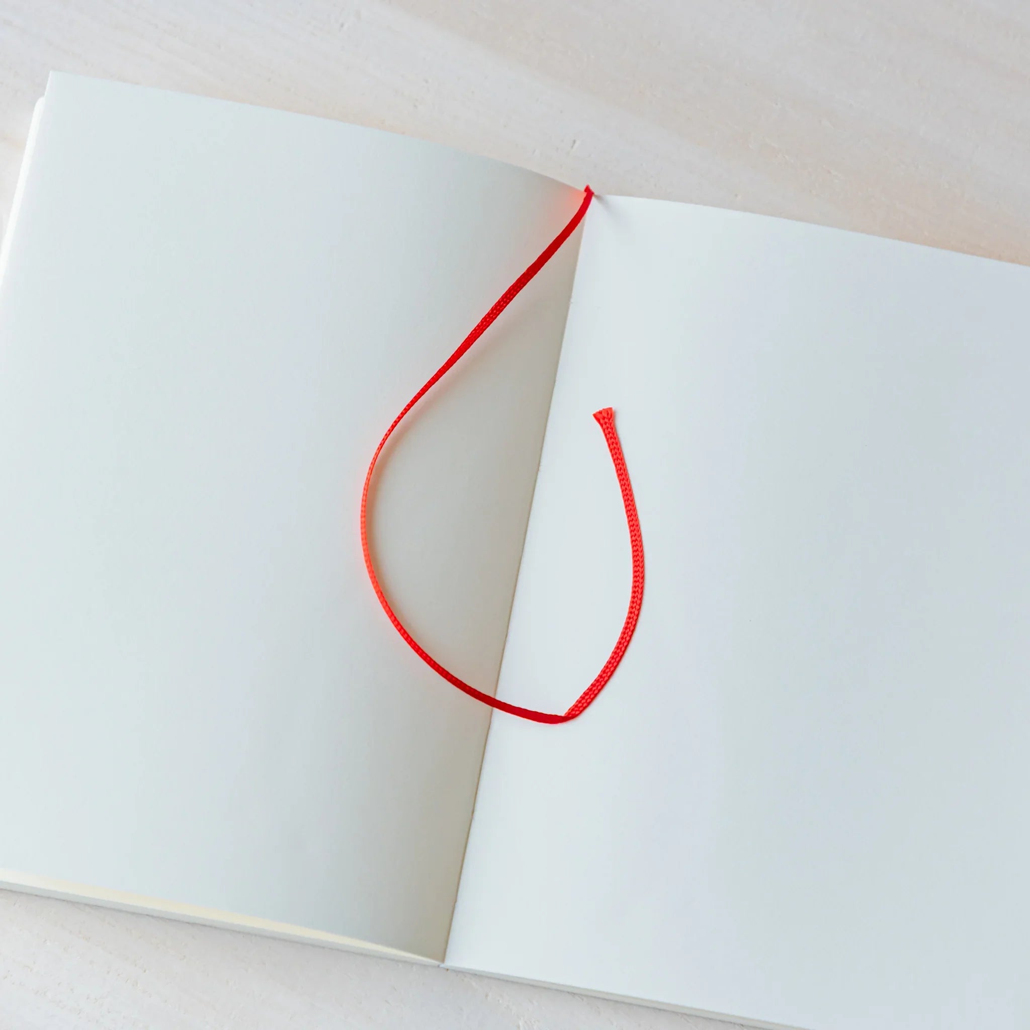 Japanese Notebook Midori MD A6 opened flat, showing blank pages and an orange ribbon bookmark.