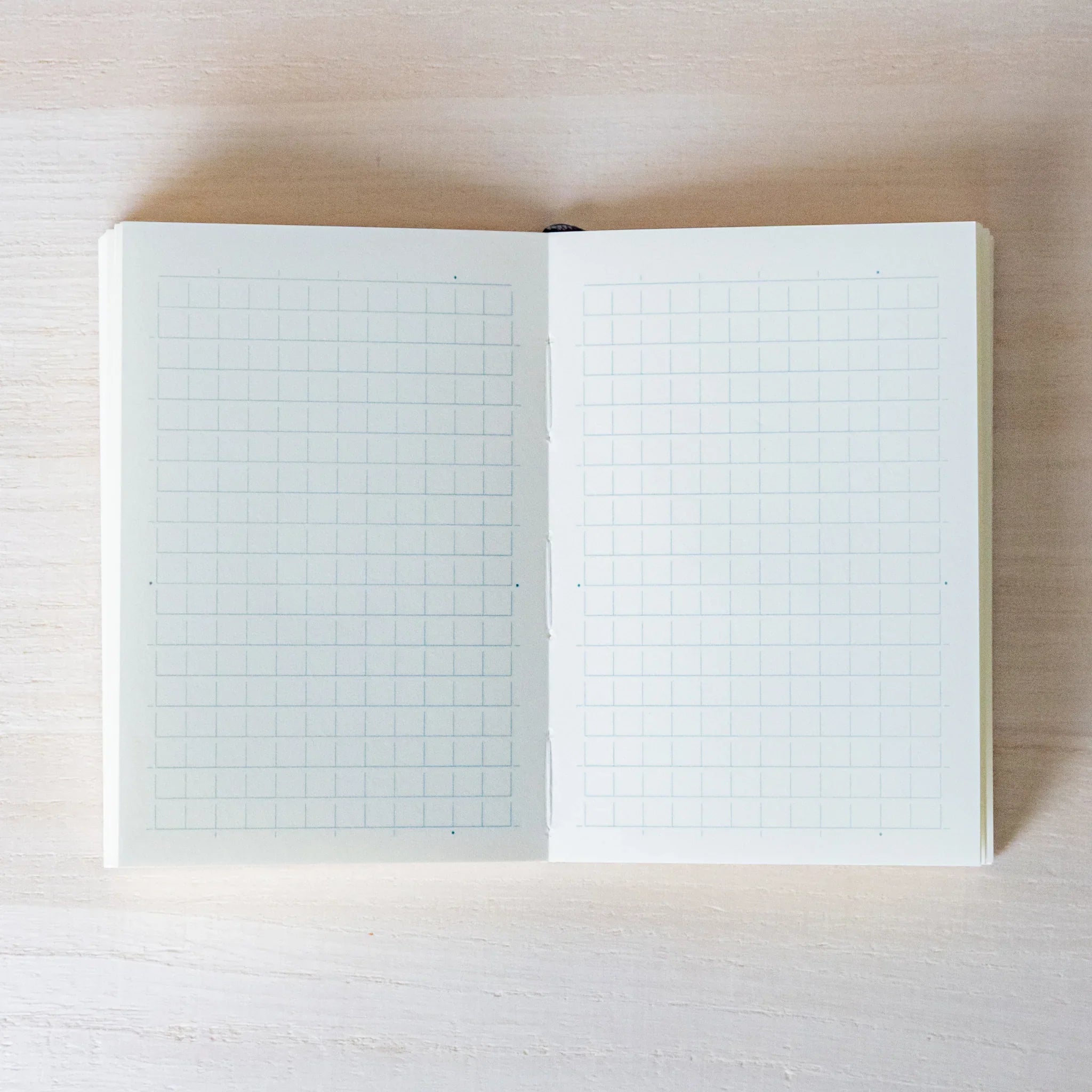 Japanese Notebook open grid pages of a Midori MD A7 notebook laid flat on a light wooden table.