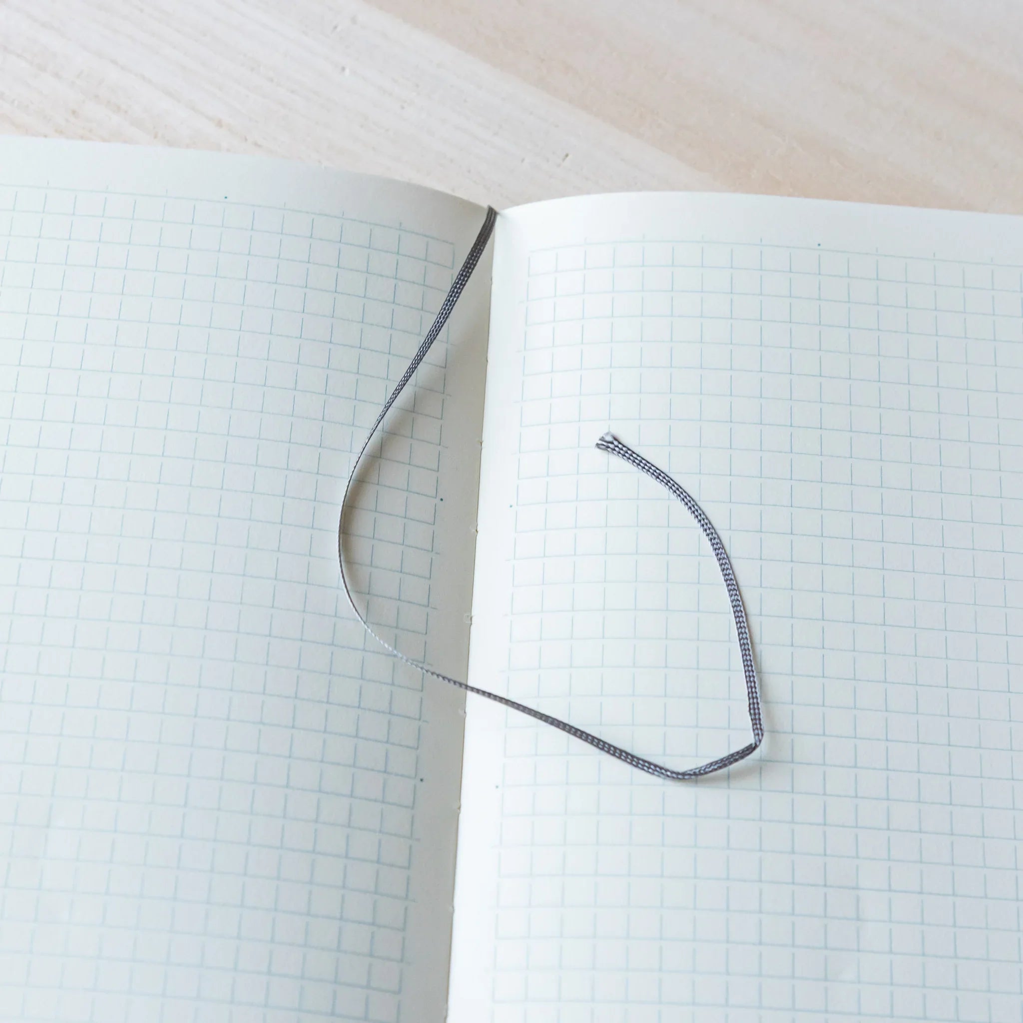 Japanese Notebook open grid pages of a Midori MD B6 notebook with a ribbon bookmark.