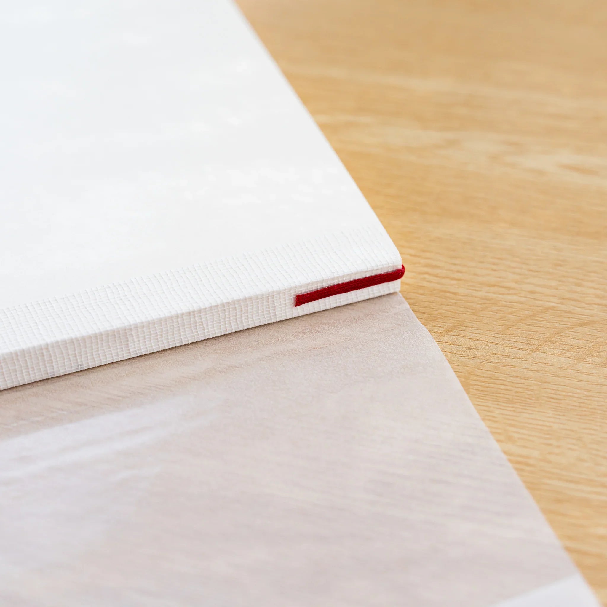 Close-up of Midori MD Notebook A4 Variant spine and binding with red headband, thread-bound block in clear wrap