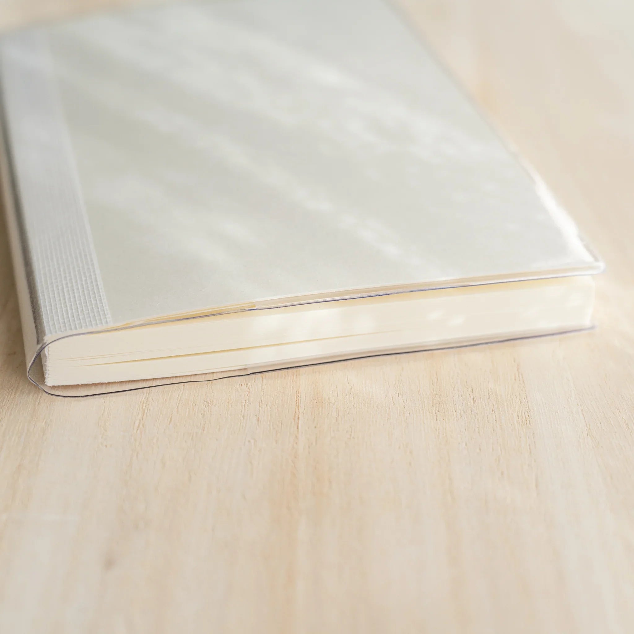 Side view of Midori MD Notebook in clear PVC cover showing ribbed cloth spine, ivory page edges at bottom, and clear PVC rim