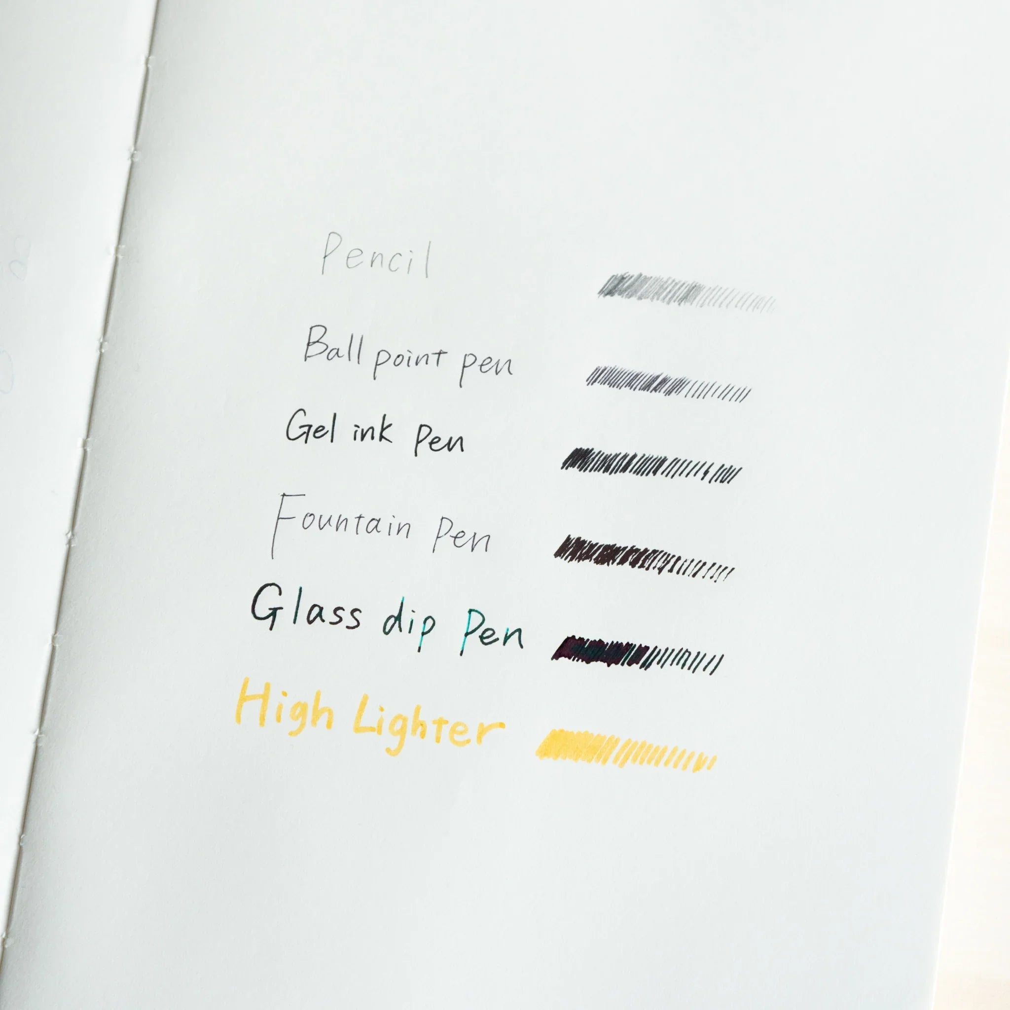 Writing test of pencil, ballpoint, gel ink, fountain, glass dip pens, and highlighter on Midori MD Paper Thick notebook