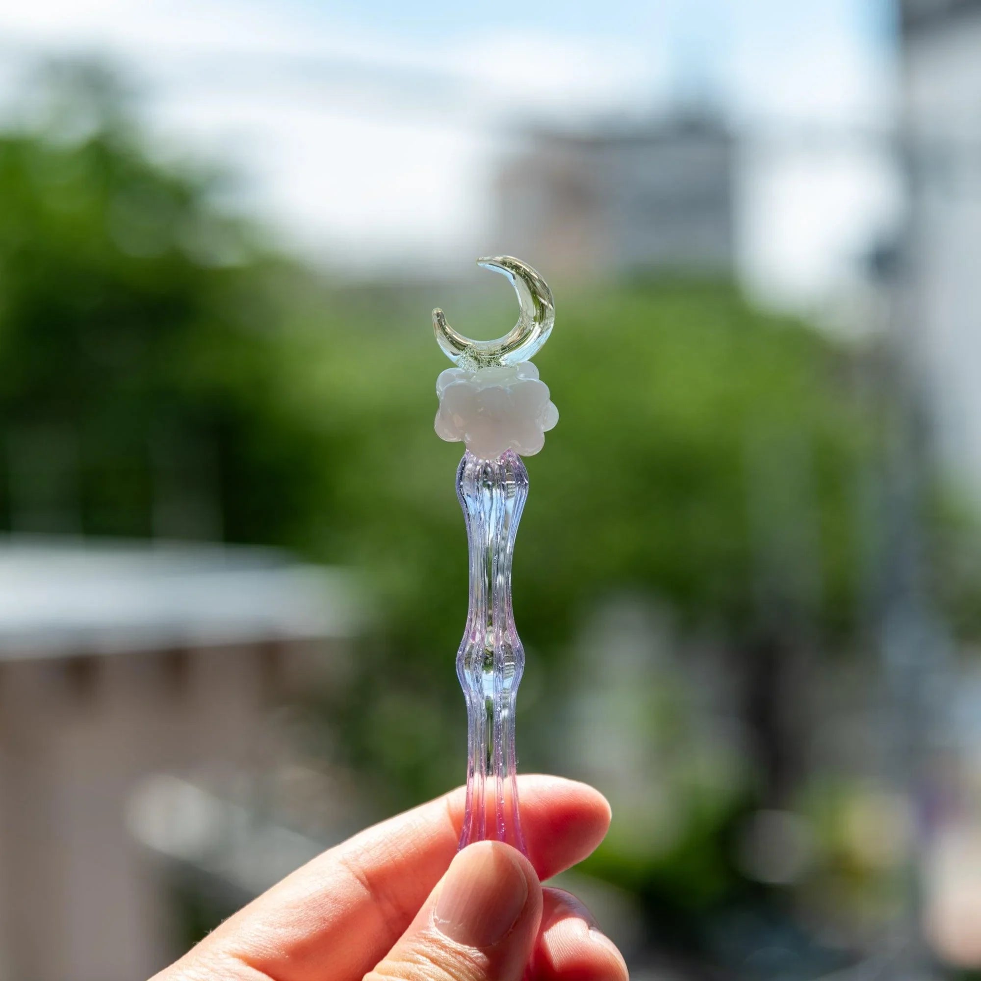 Japanese glass dip pen white cloud figurine topper with crescent moon accent ring on purple iridescent barrel