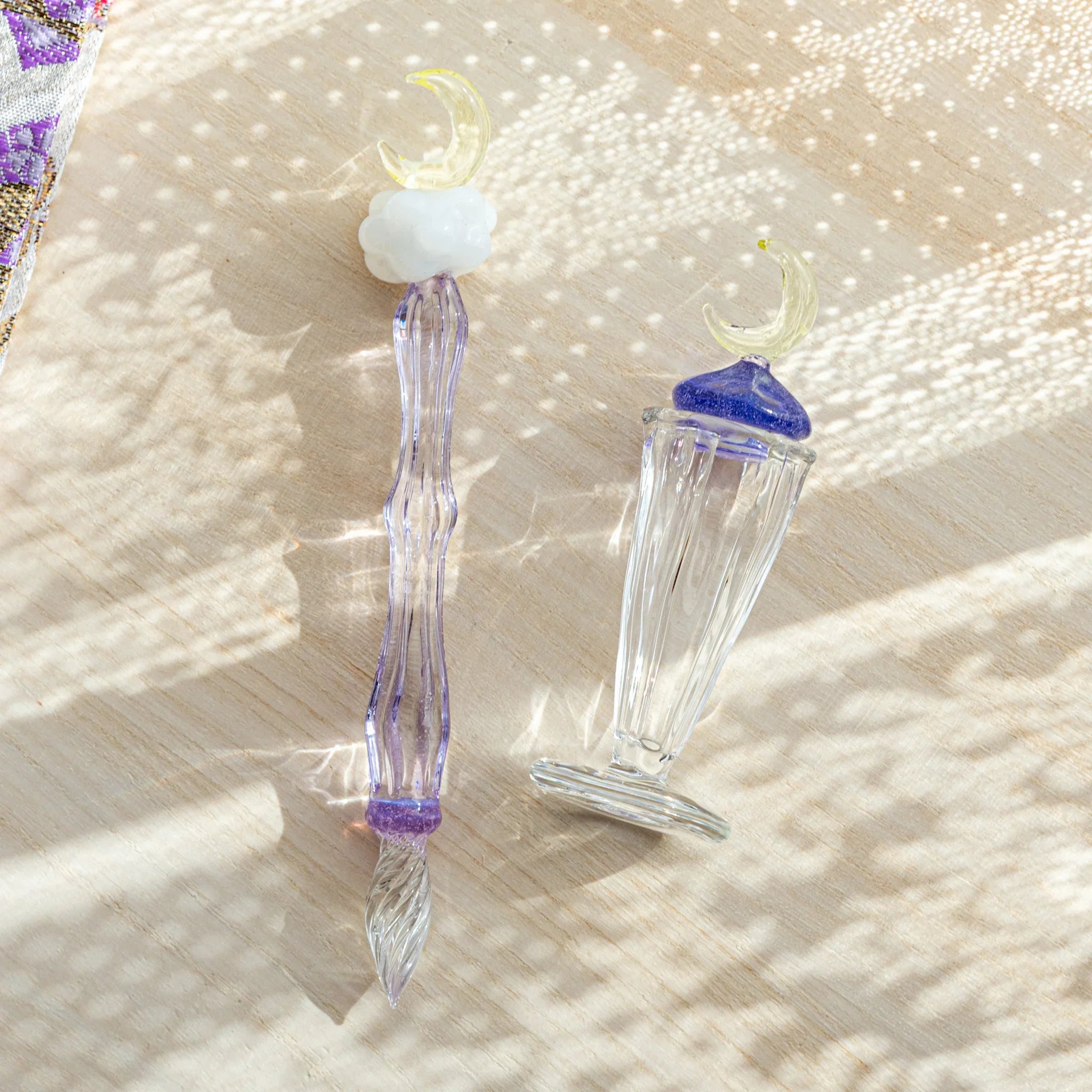 Japanese glass dip pen white cloud figurine topper on serene purple iridescent glass barrel detail shot