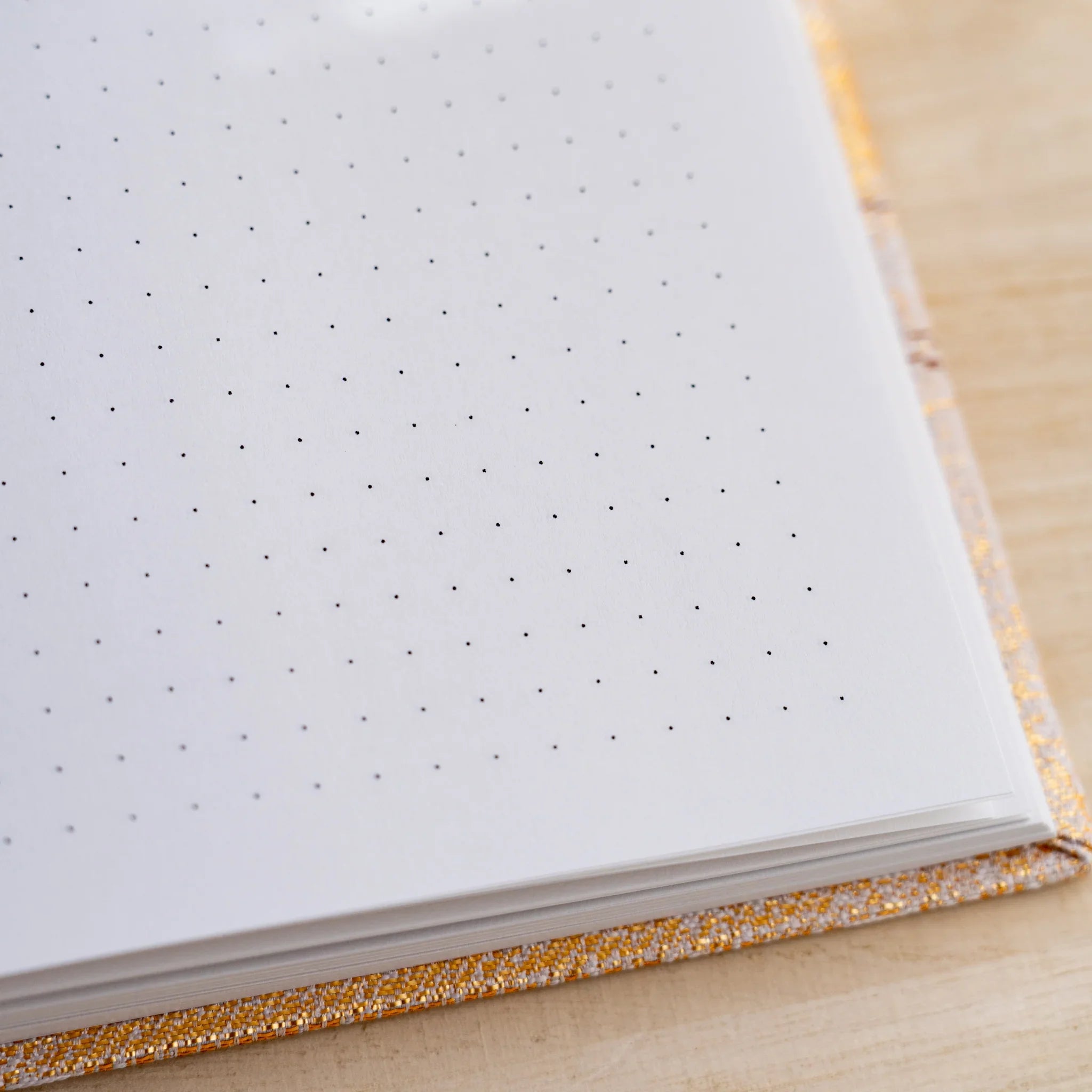 Close-up of a dot grid page corner with gold and white woven textile hardcover edge