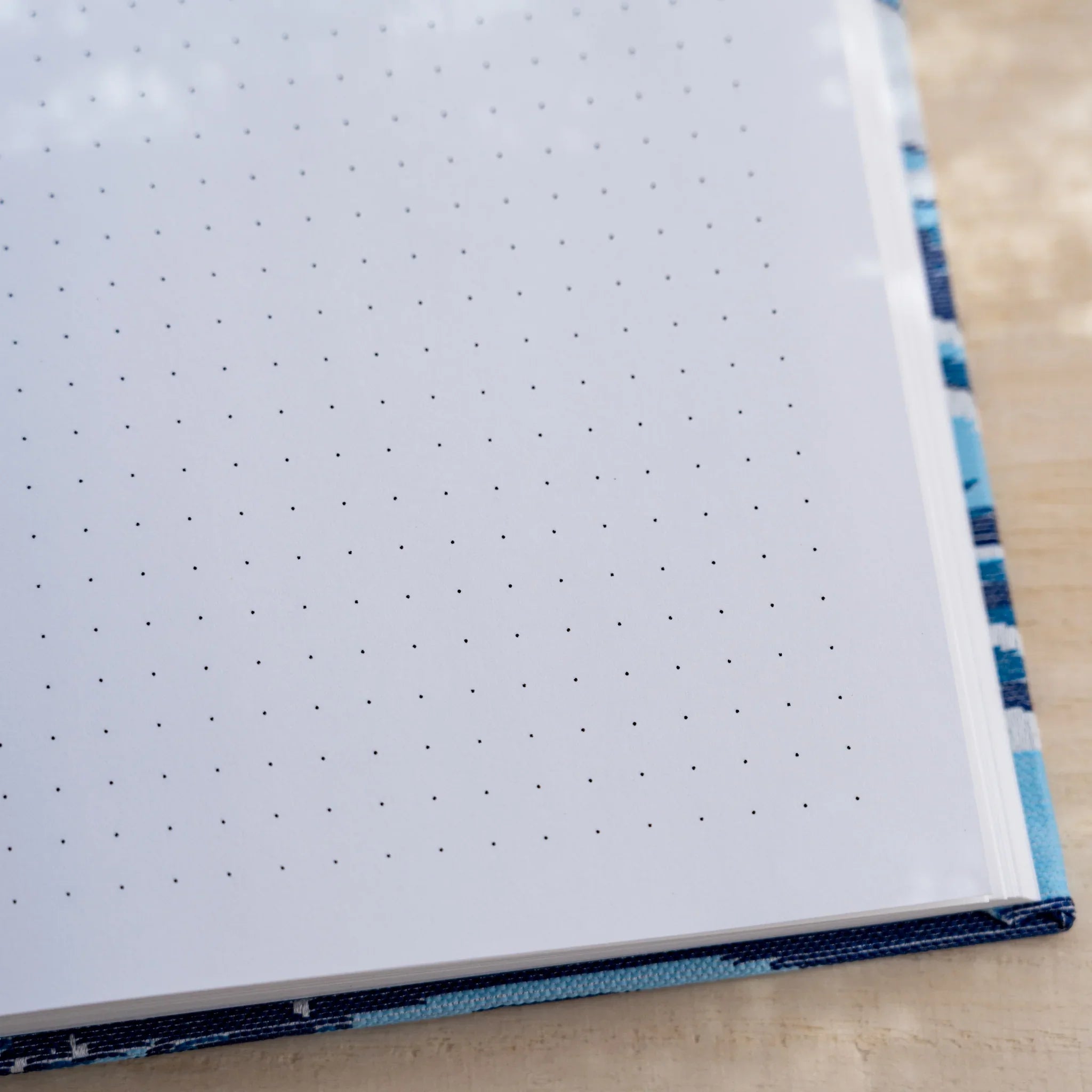 Close-up of a dot grid page corner with blue and white woven textile hardcover edge