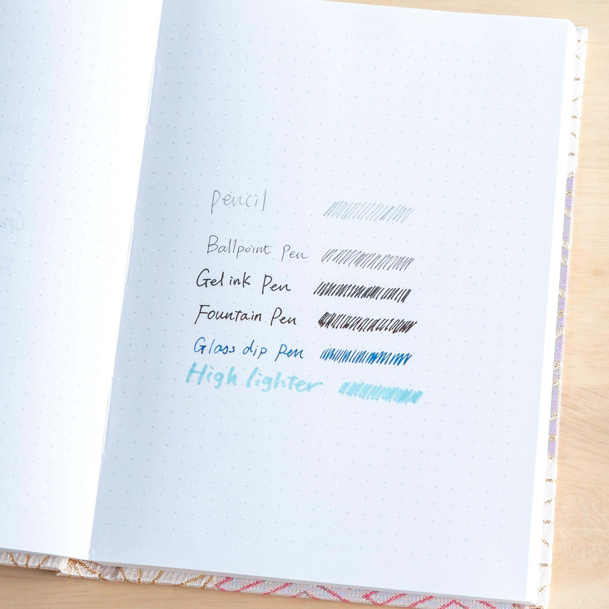 A notebook page comparing writing and shading with a pencil, ballpoint, gel ink, fountain, glass dip pen, and highlighter.