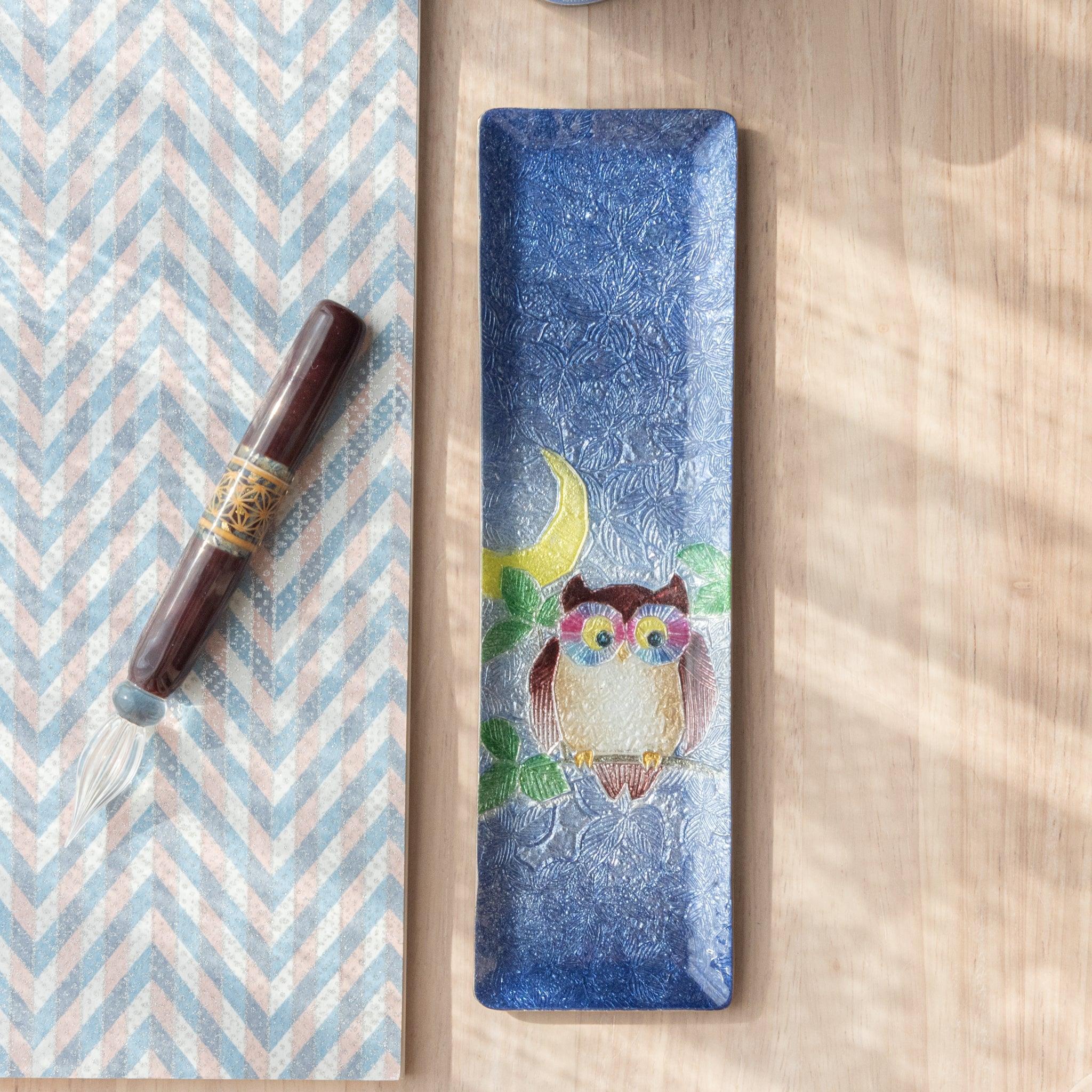 Owl shippo ware slim pen tray with traditional cloisonne enamel featuring multi-color decorative bird design top