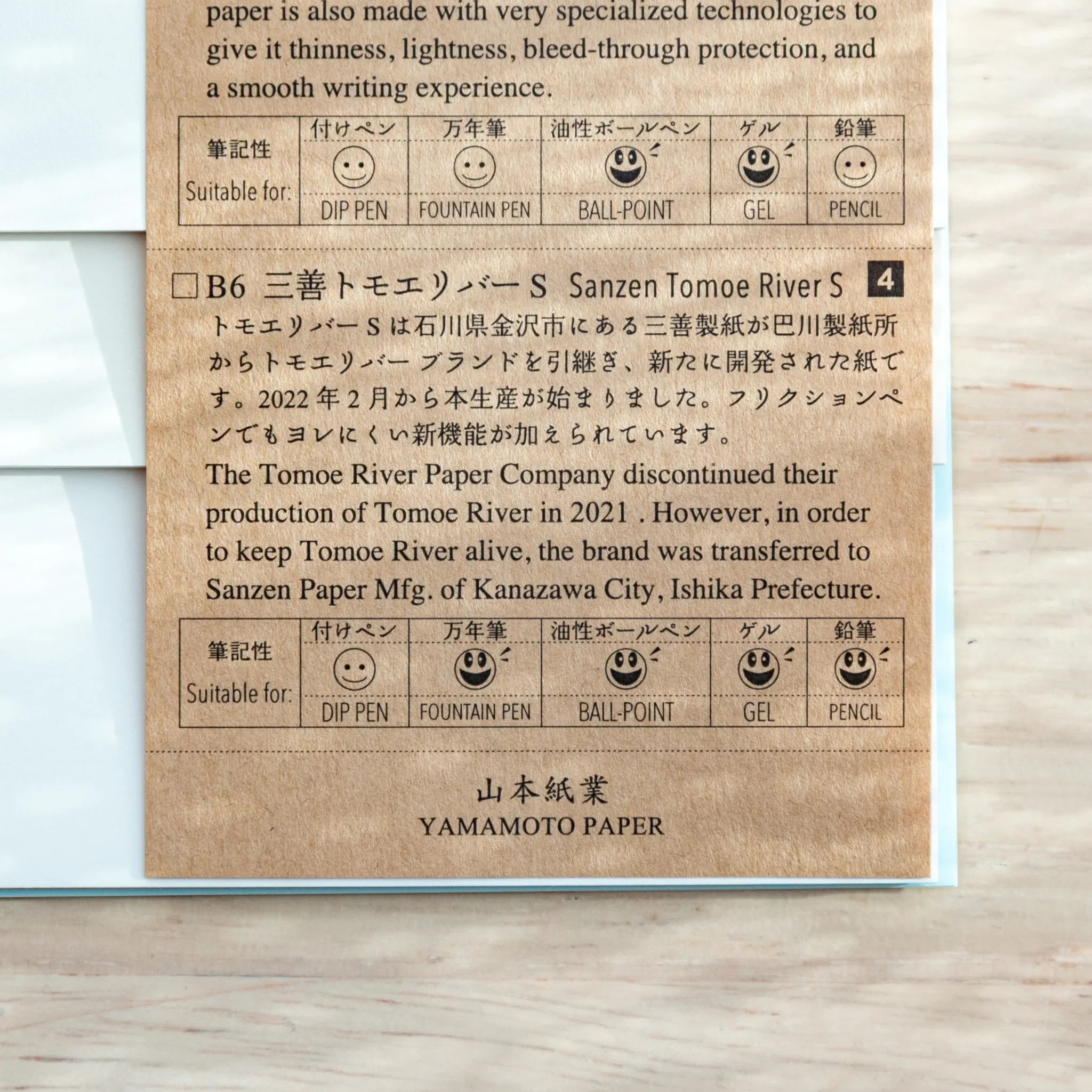 B6 Sanzen Tomoe River S from Yamamoto Paper Tasting Pad, Japanese Note Book sheet showing details and pen suitability icons.