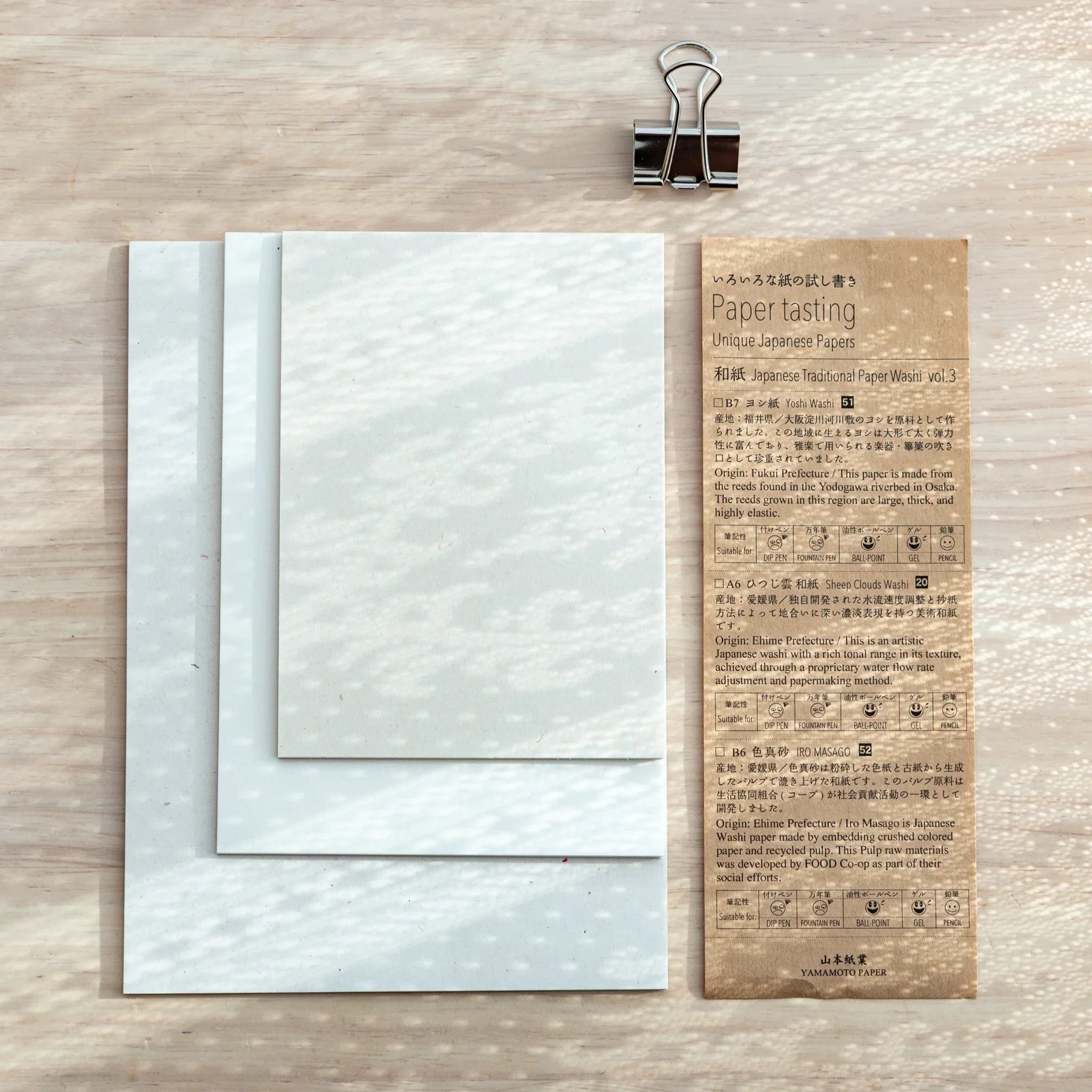 White washi paper pad sample from Paper Tasting Japanese Washi vol.3 set displayed on light background surface