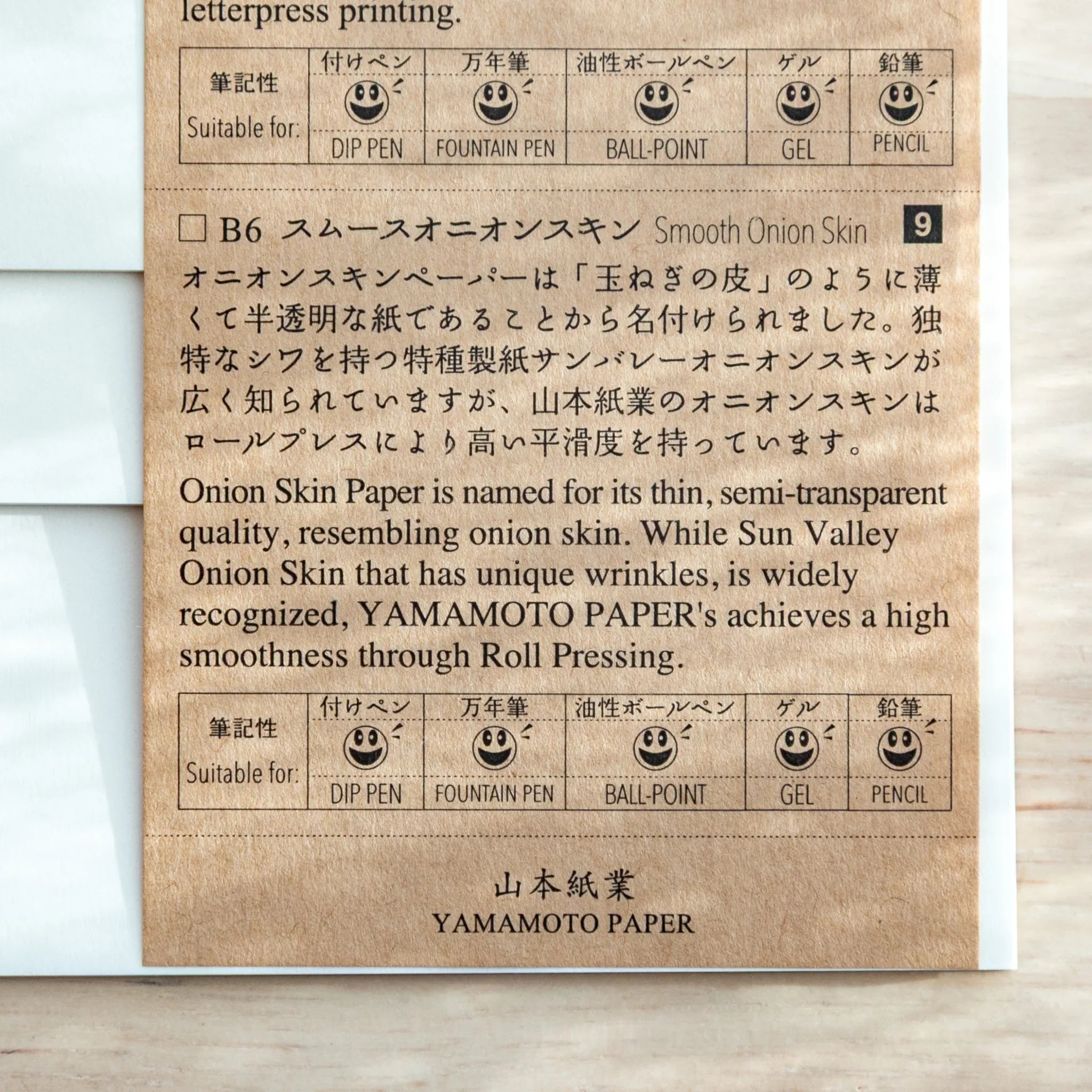 Instruction documentation card from Pen Friendly Onionskin set with specifications and usage information displayed