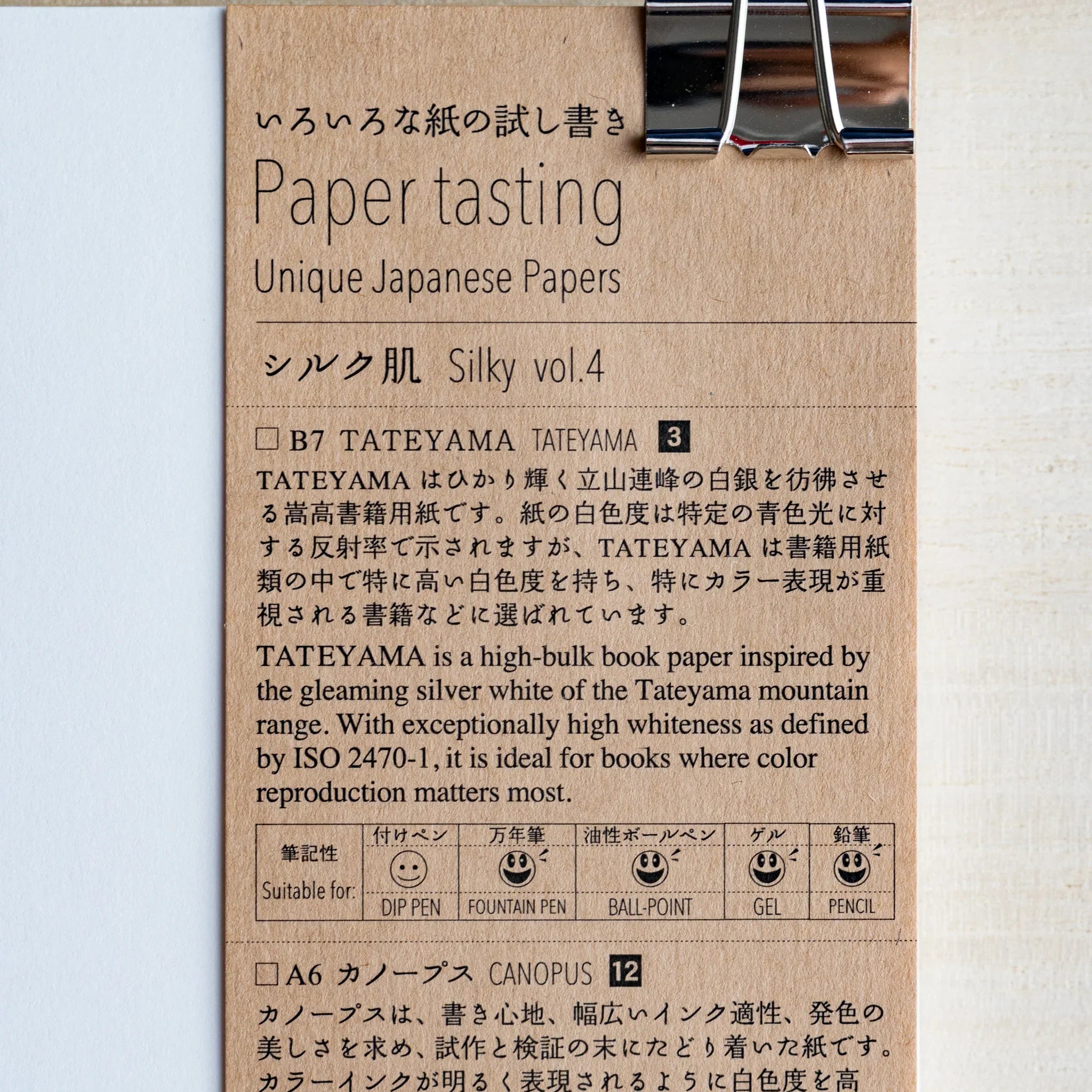 Kraft cover of Paper tasting Silky vol.4 listing Tateyama and Canopus papers with pen suitability chart