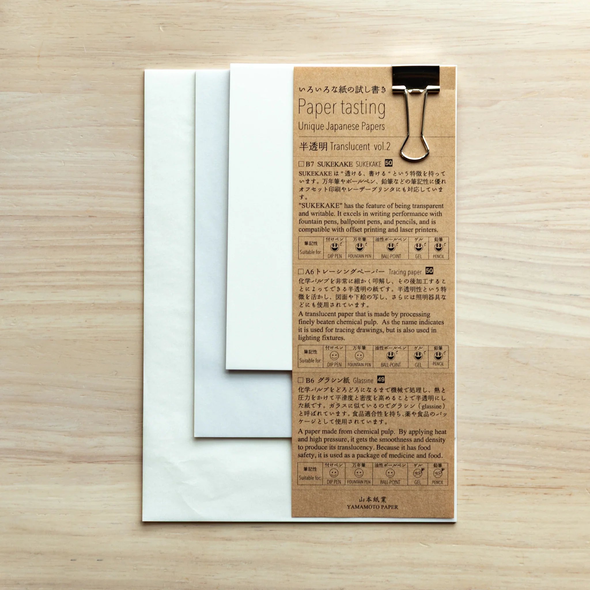 Information card showing paper types specifications and pen compatibility details for Paper Tasting Translucent vol.2