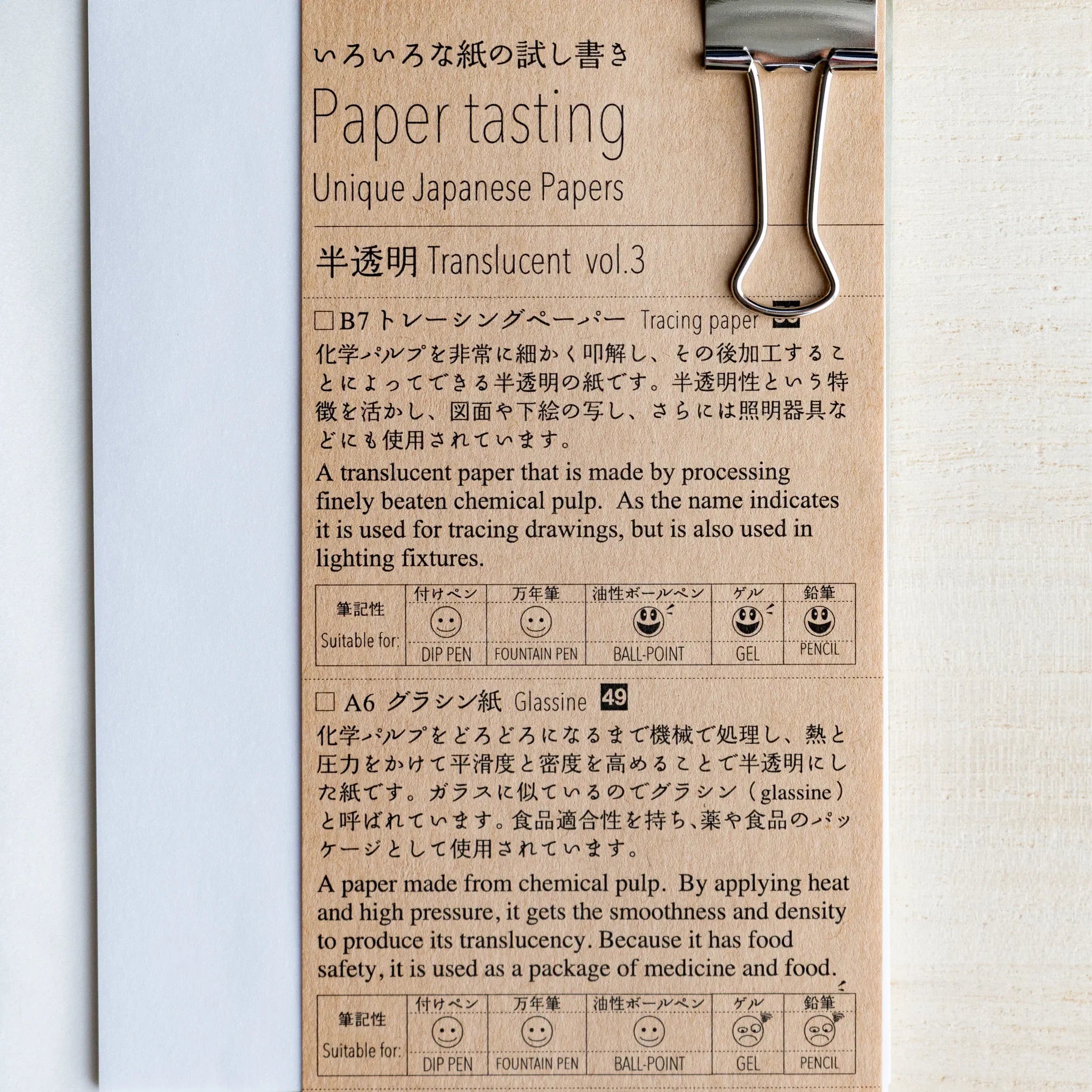 Kraft cover of Paper tasting Translucent vol.3 describing Tracing Paper and Glassine with pen suitability chart