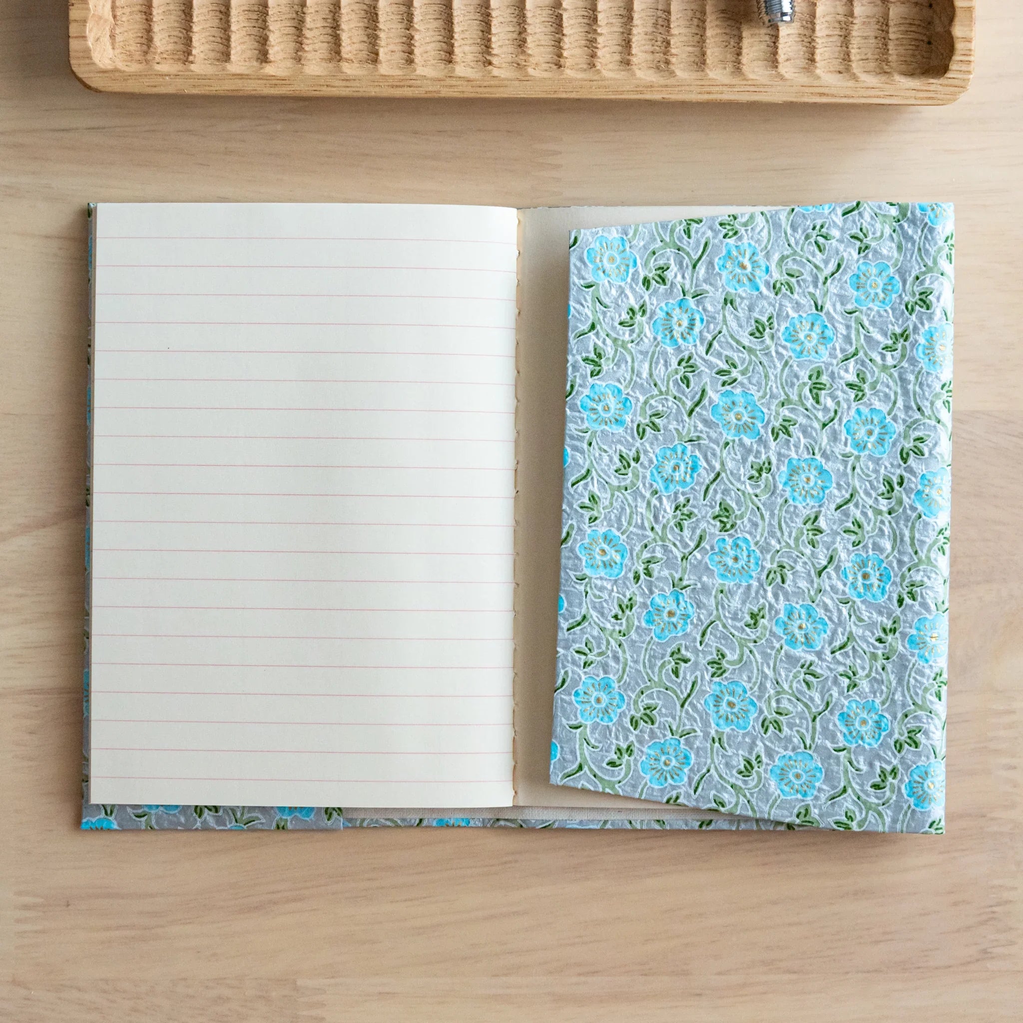 Pastel Blue Flower Hand-Dyed Yuzen Washi, image 5: front-facing angle with clear features presenting visual clarity