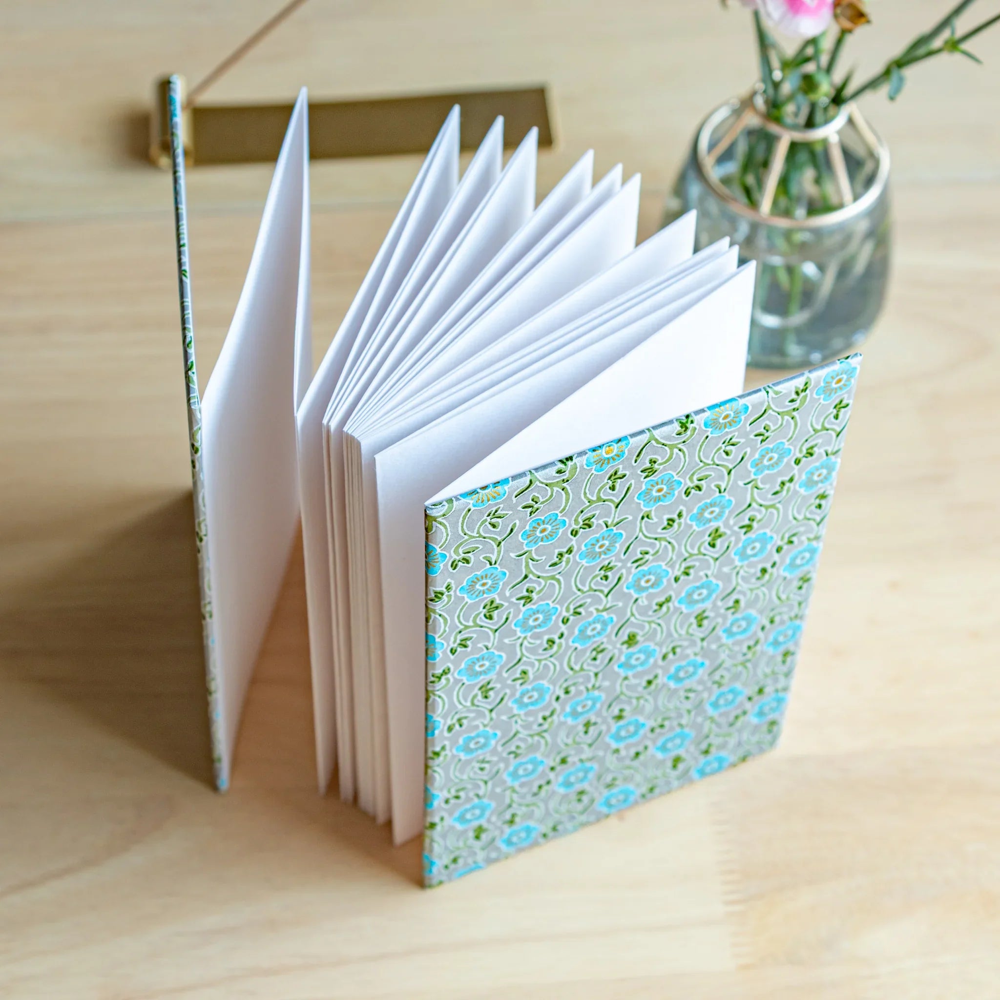 Pastel Blue Flower Washi Goshuincho Stamp Book featuring cyan flowers and sage leaves on light background