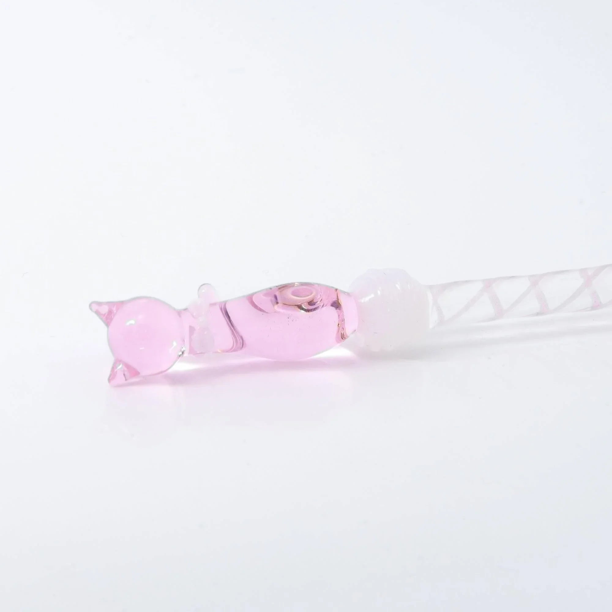 Pink Nyanko cat glass dip pen full angled view on white background displaying entire spiral-etched handle