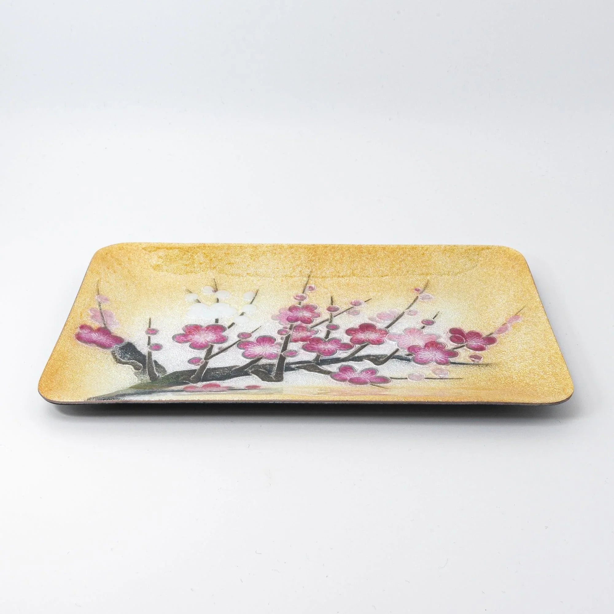 Plum shippo ware gold enamel pen tray, angled side view on white background showing tray depth and plum blossom design