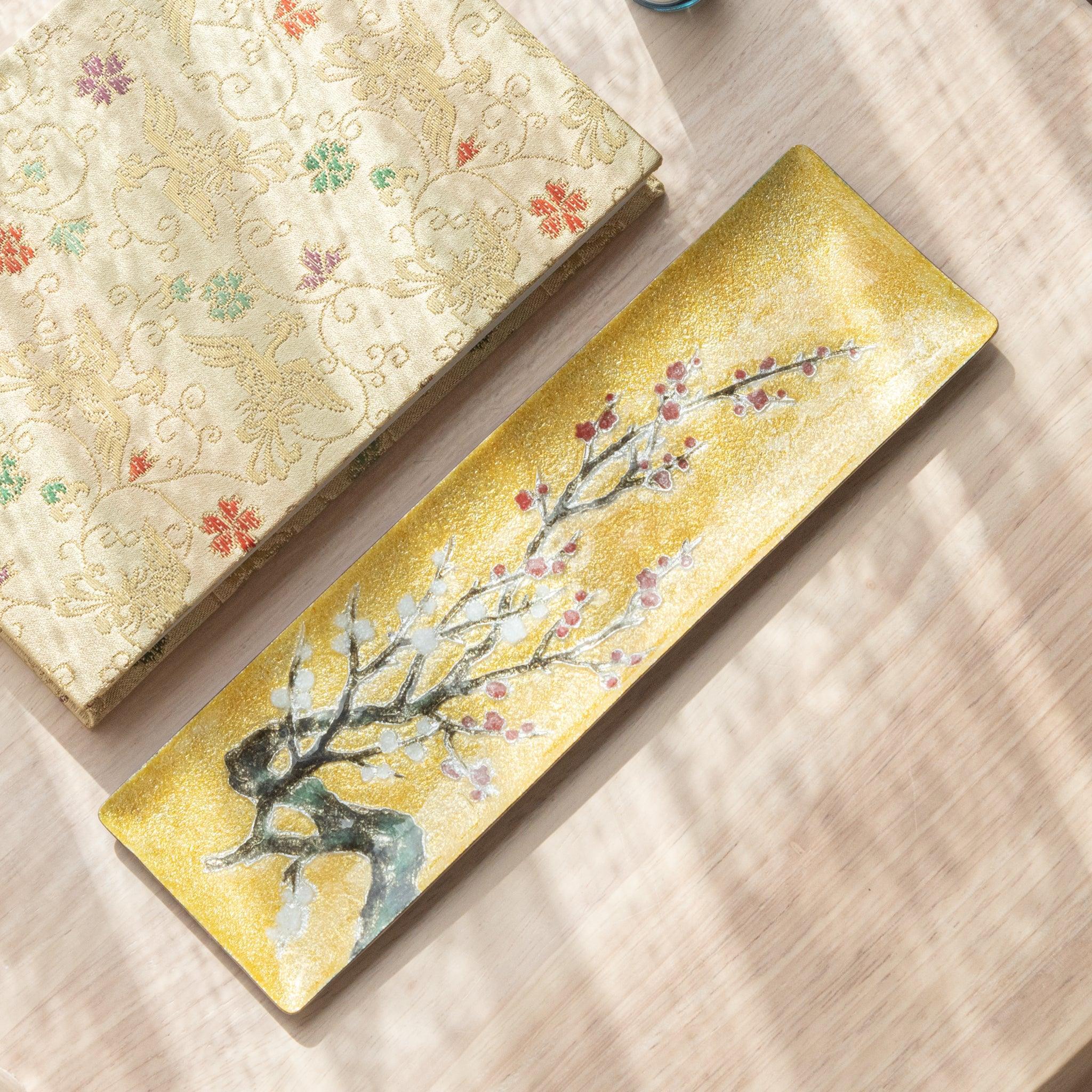 Plum Shippo Ware Medium Pen Tray displaying detailed enamel-work plum blossoms in multiple colors on metal surface