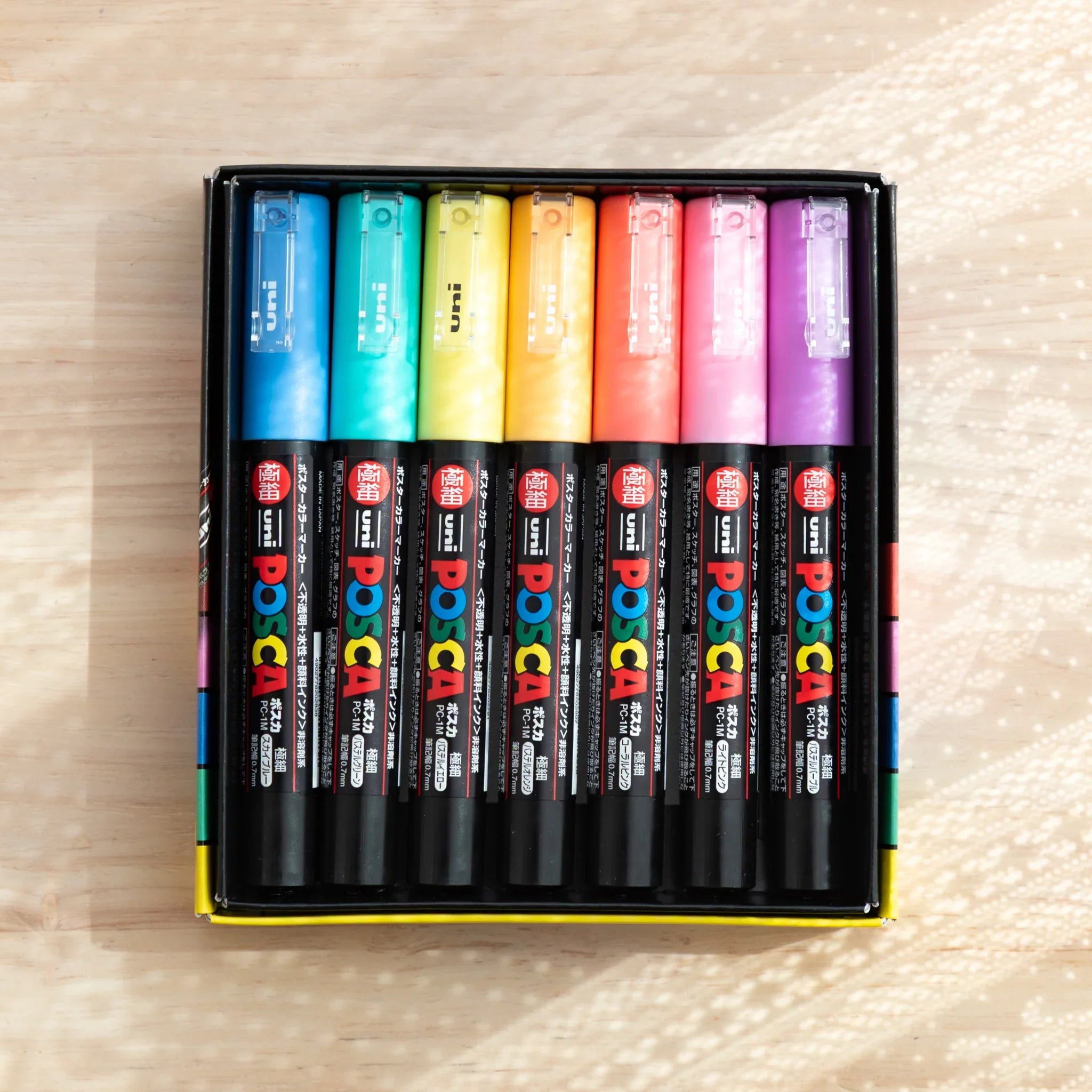 POSCA Markers Set (Fine Bullet Tip, 7 Colors) - paint marker showing detailed close-up of pen tips and product features