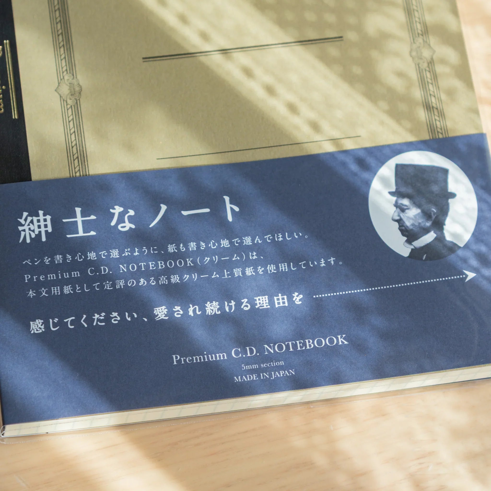 Premium CD A5 cream fountain pen notebook open spread with light blue interior pages and professional ruled line pattern