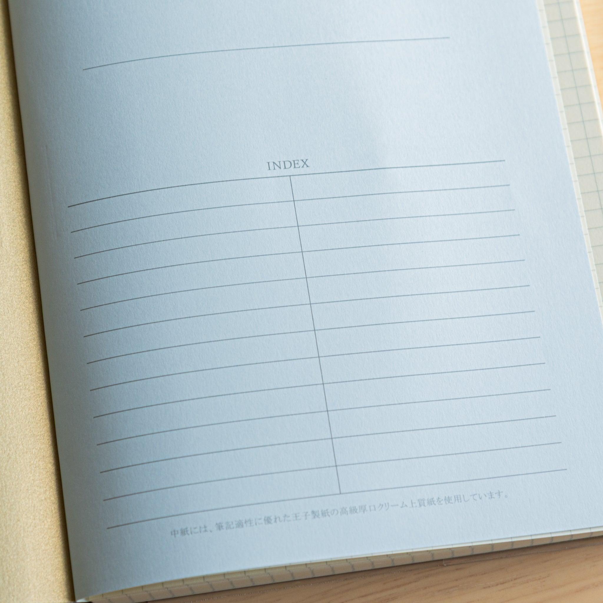Close-up of the index page inside a Japanese notebook, featuring a neat layout on fountain pen-friendly paper
