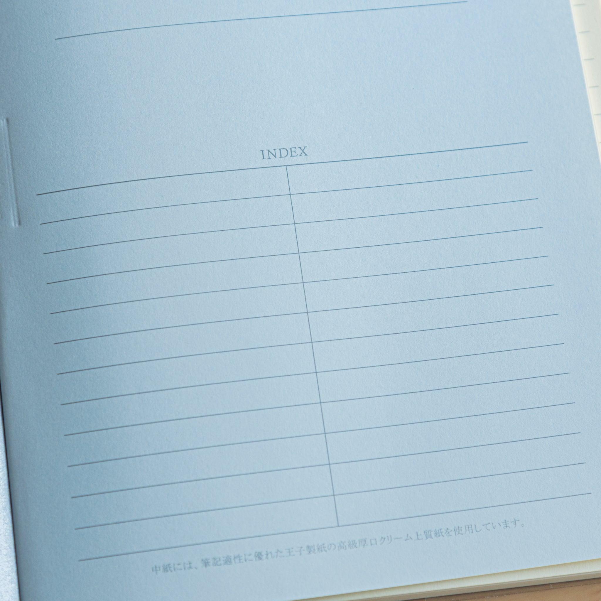 Close-up of the index page inside a Japanese notebook, featuring a neat layout on fountain pen-friendly paper