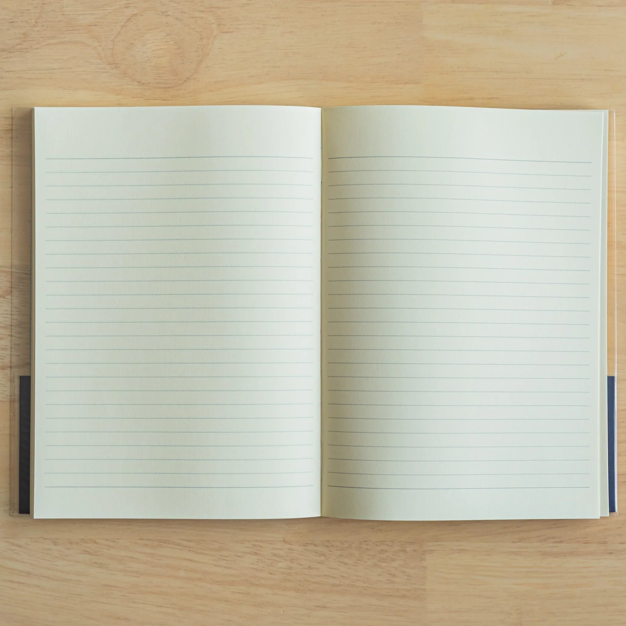 Apica Premium CD A5 cream-colored notebook open spread with interior light blue pages and professional ruled line layout