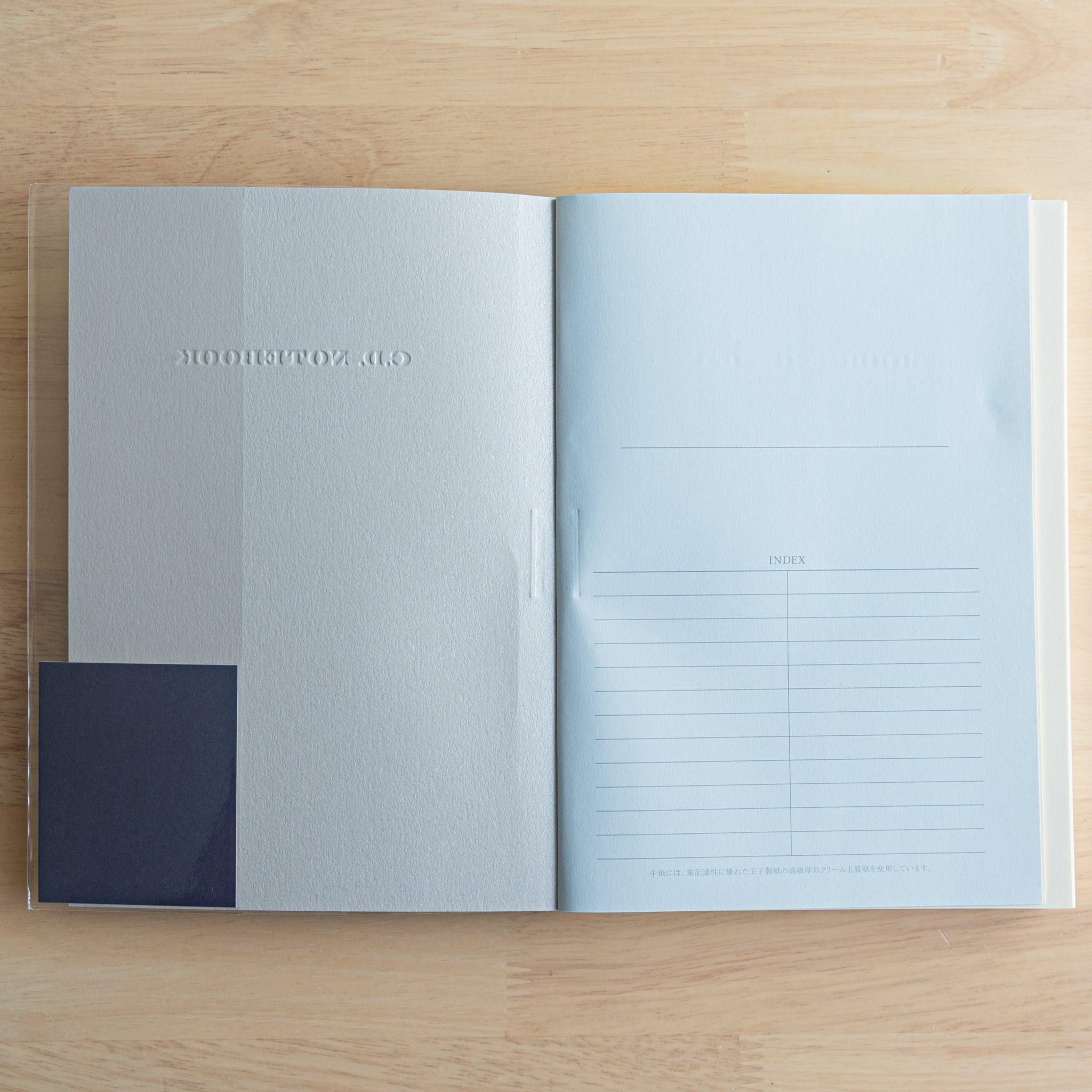 Opened Premium C.D. Japanese notebook showing inner pages and index layout, made for fountain pen-friendly writing experience