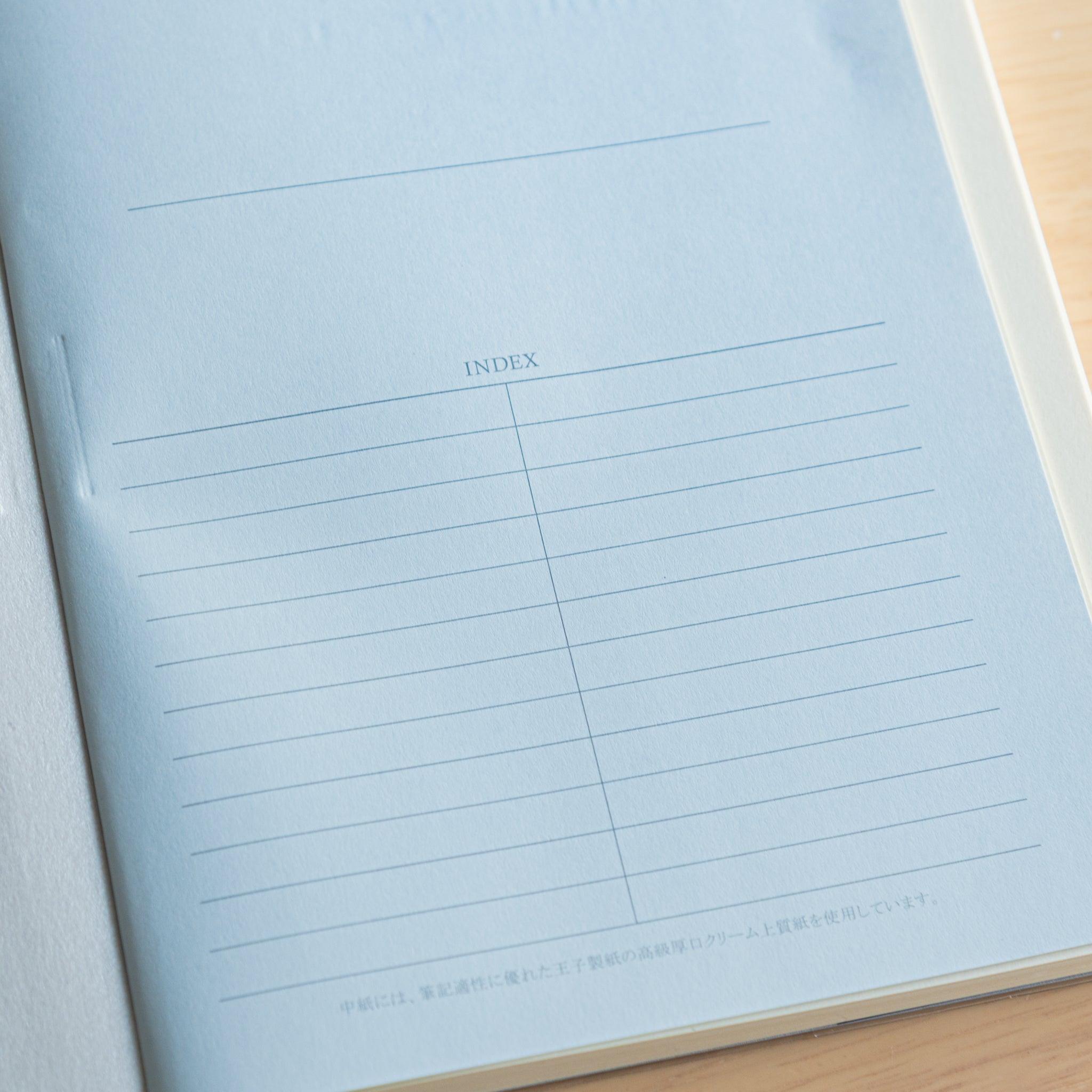Close-up of the index page inside a Japanese notebook, featuring a neat layout on fountain pen-friendly paper