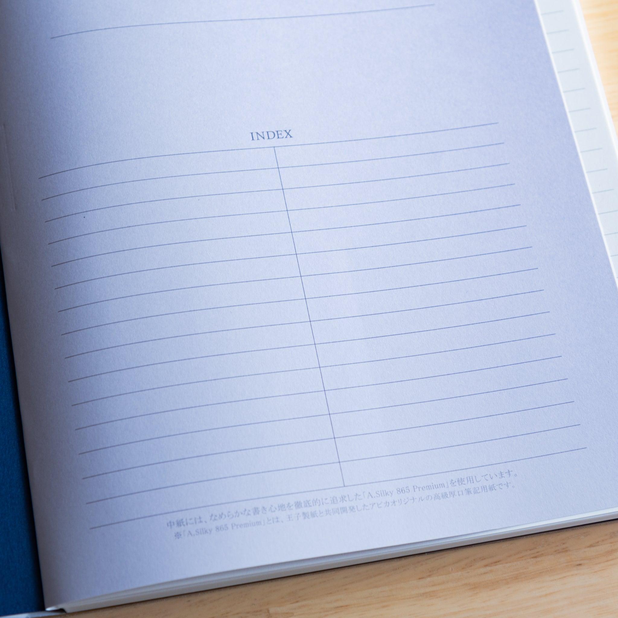 Close-up of index page in a Japanese notebook, printed on smooth A.Silky 865 Premium paper ideal for fountain pens.