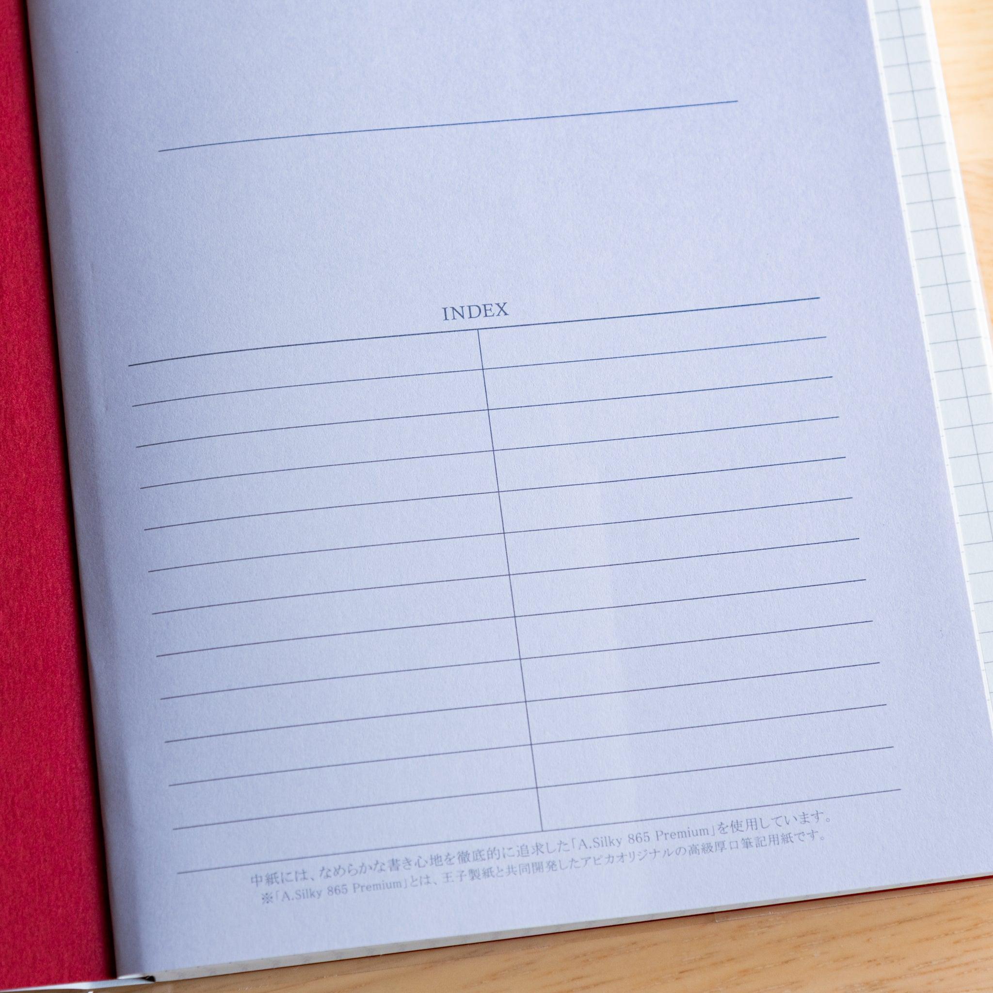 Close-up of index page in a Japanese notebook, printed on smooth A.Silky 865 Premium paper ideal for fountain pens.