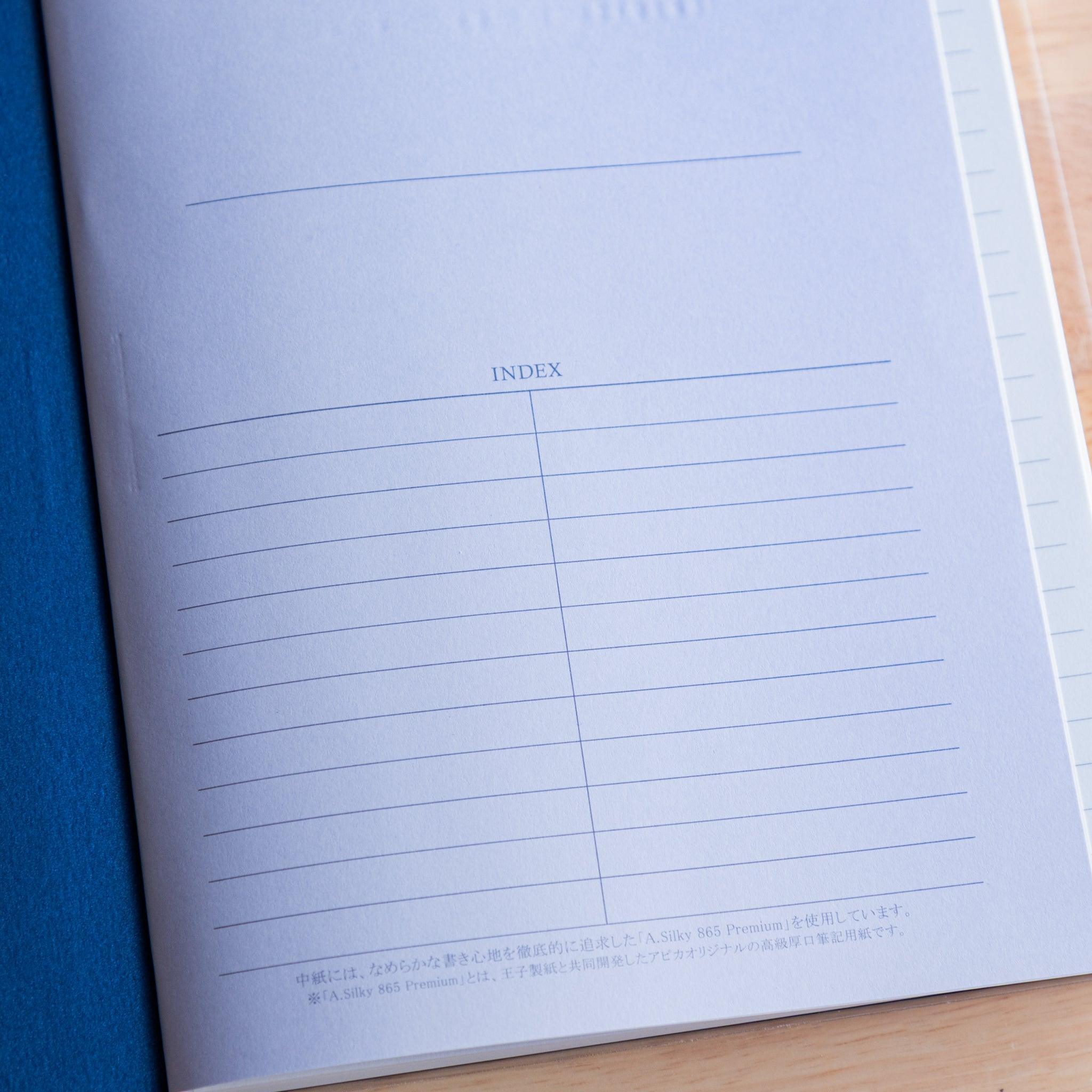 Close-up of index page in a Japanese notebook, printed on smooth A.Silky 865 Premium paper ideal for fountain pens.